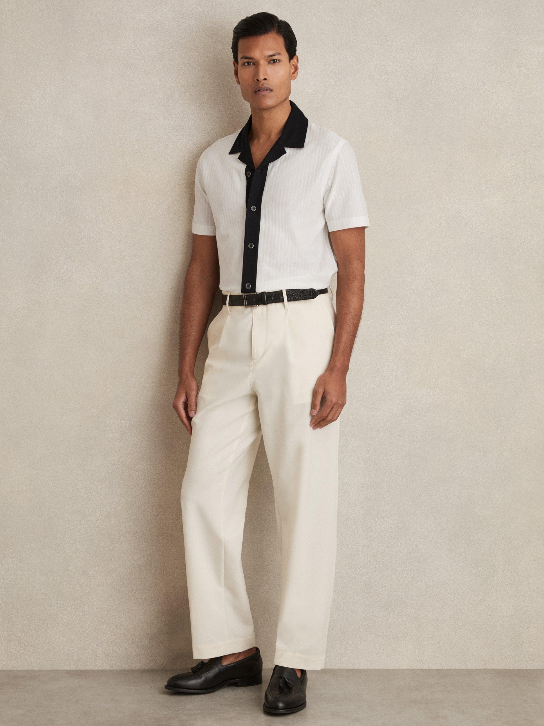 Product image 1 of 5, which shows Reiss Aster Cotton Textured Colour Block Shirt, White/Navy, S