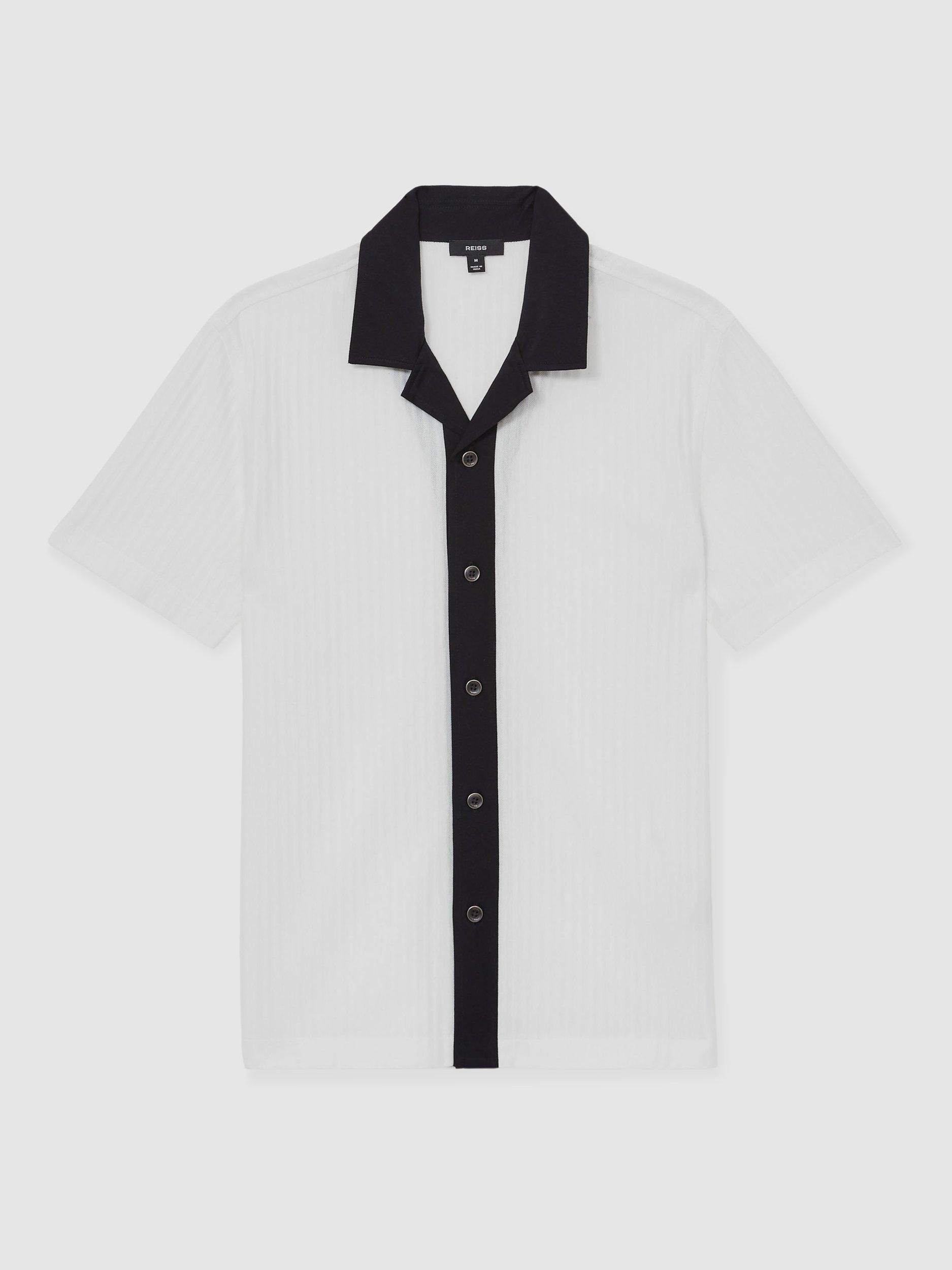 Product image 3 of 5, which shows Reiss Aster Cotton Textured Colour Block Shirt, White/Navy, S
