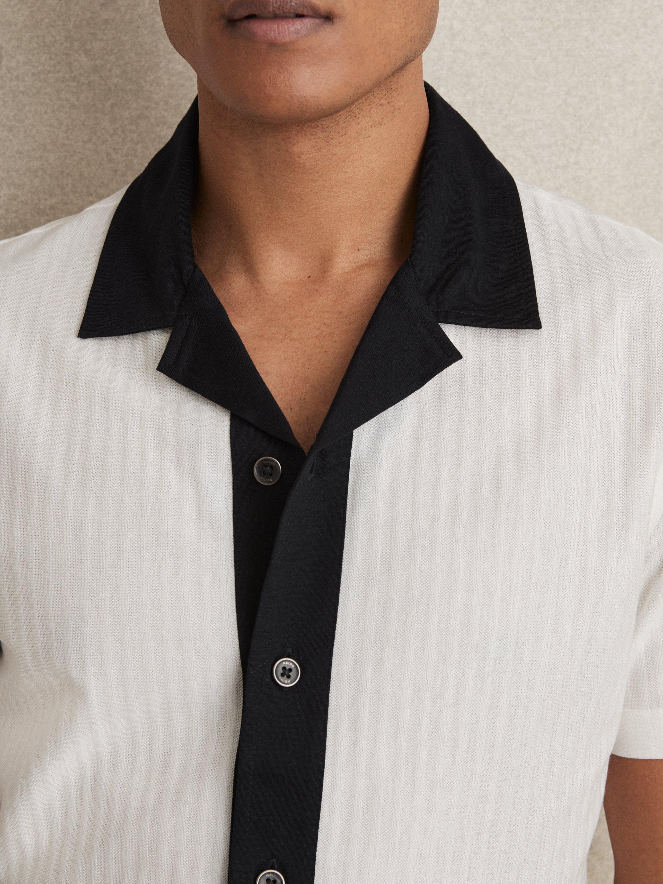 Product image 4 of 5, which shows Reiss Aster Cotton Textured Colour Block Shirt, White/Navy, S