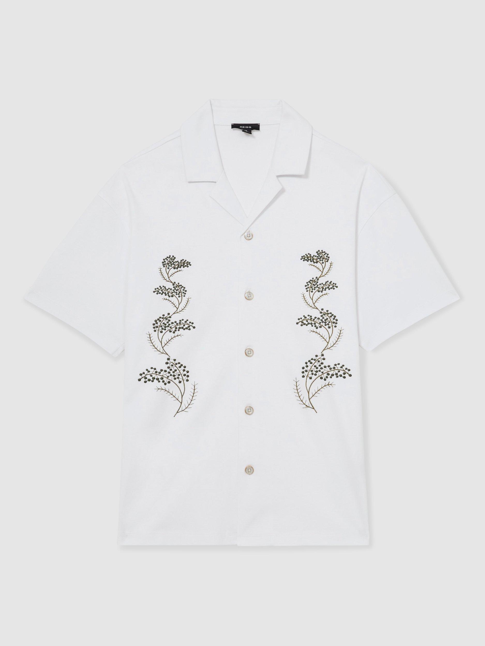 Product image 3 of 5, which shows Reiss Goya Floral Embroidered Cotton Regular Fit Short Sleeve Shirt, White, XS