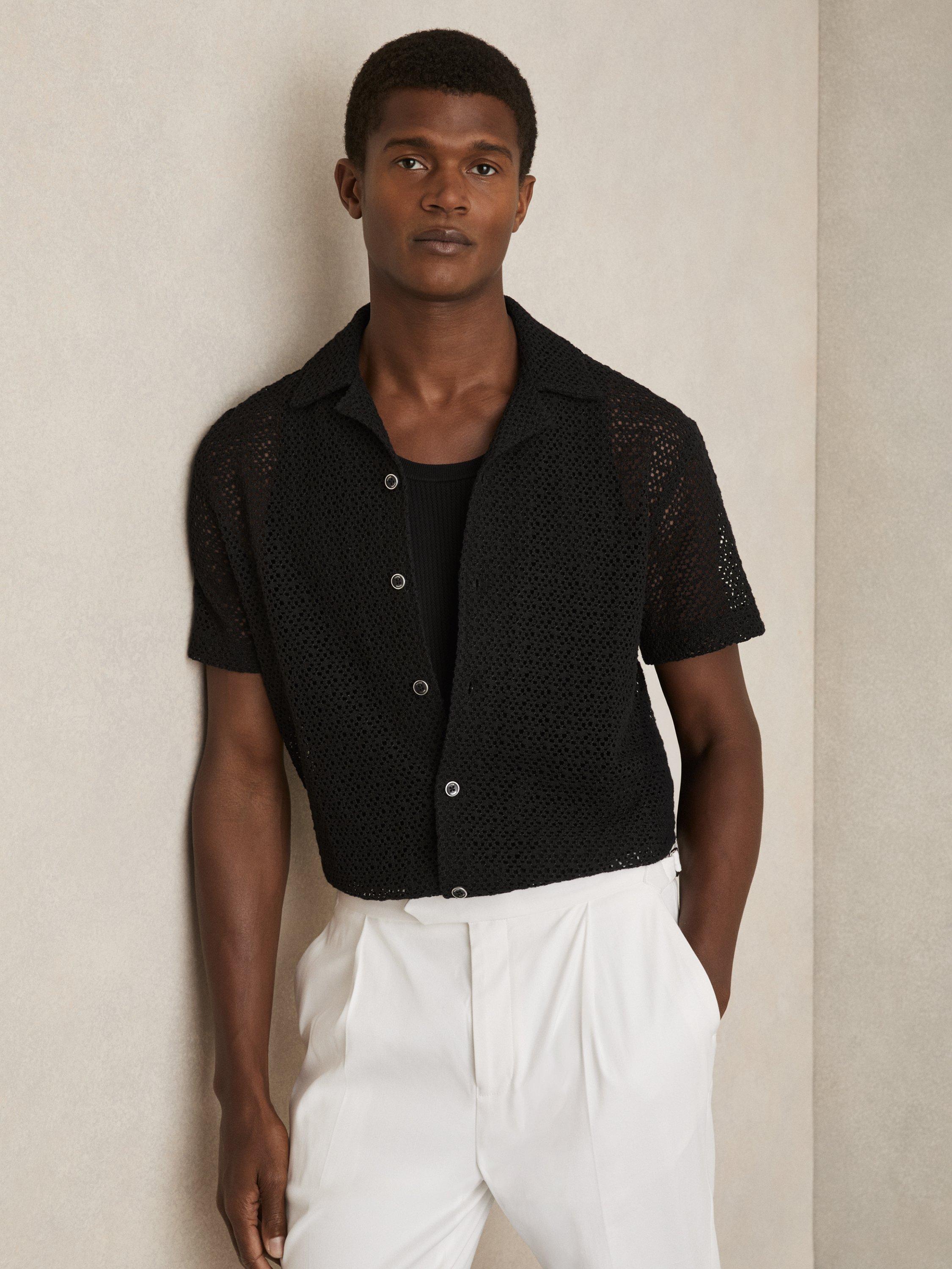 Product image 1 of 5, which shows Reiss Sterling Textured Cut Out Regular Fit Short Sleeve Shirt, Black, XS