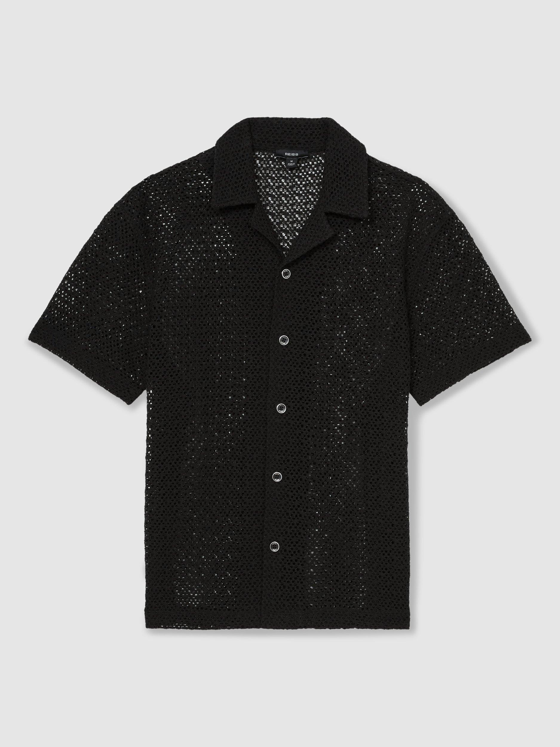 Product image 3 of 5, which shows Reiss Sterling Textured Cut Out Regular Fit Short Sleeve Shirt, Black, XS