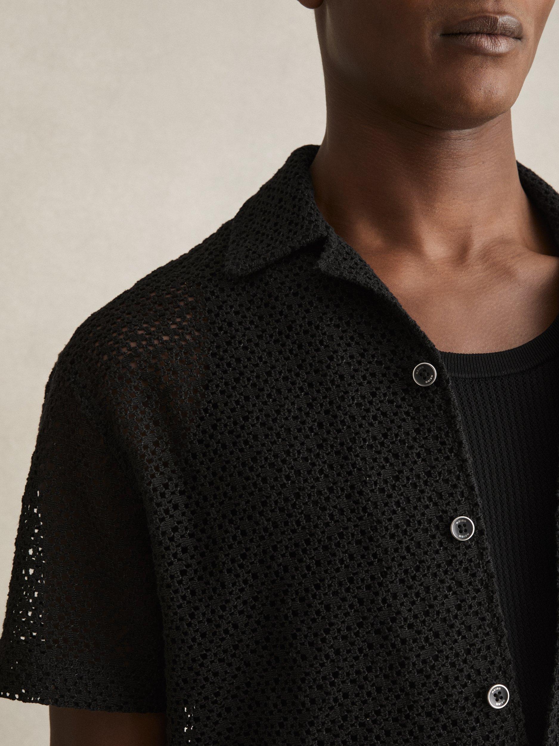 Product image 4 of 5, which shows Reiss Sterling Textured Cut Out Regular Fit Short Sleeve Shirt, Black, XS