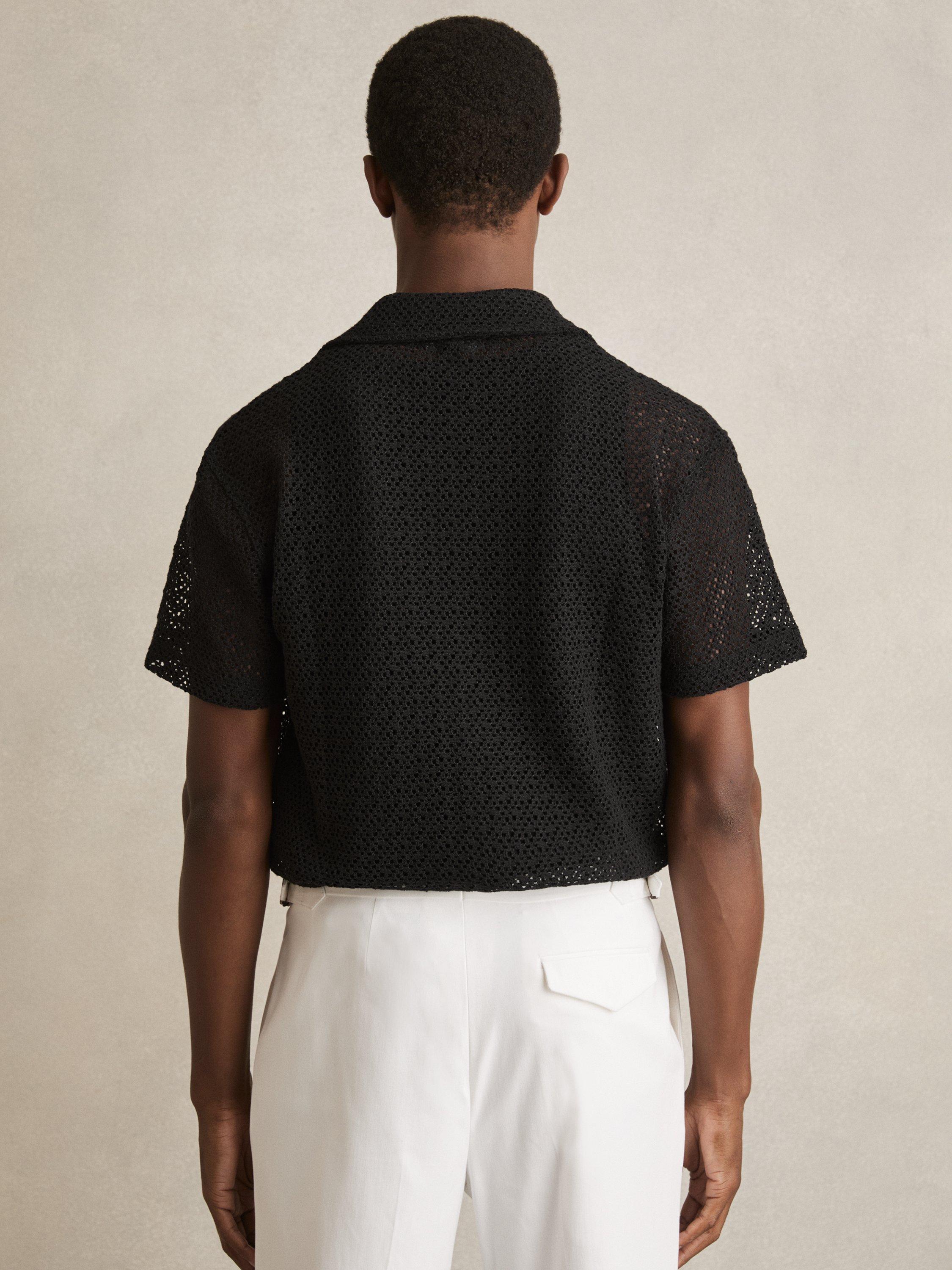 Product image 5 of 5, which shows Reiss Sterling Textured Cut Out Regular Fit Short Sleeve Shirt, Black, XS