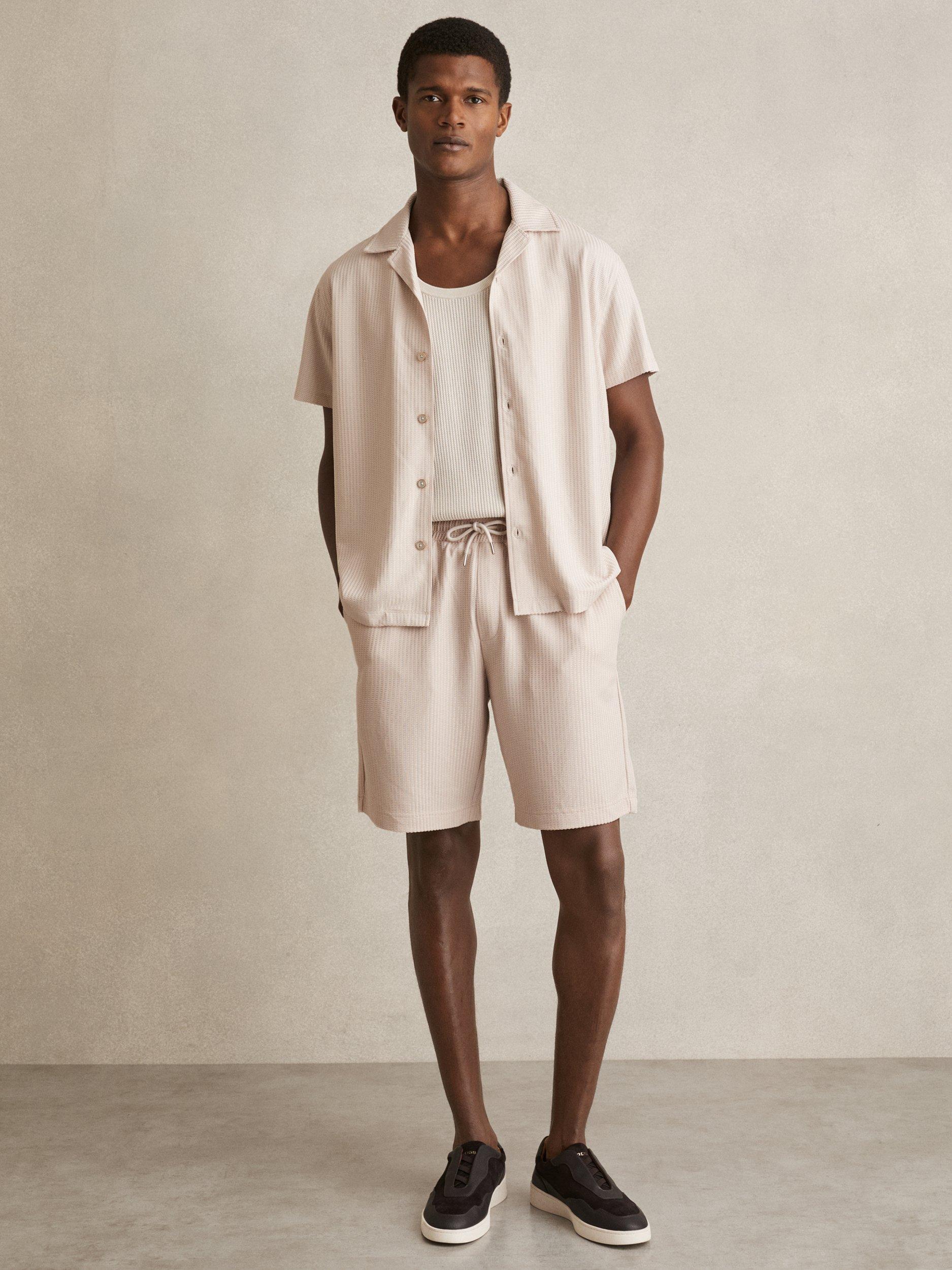 Product image 1 of 5, which shows Reiss Warwick Textured Stripe Regular Fit Short Sleeve Shirt, Champagne, XS