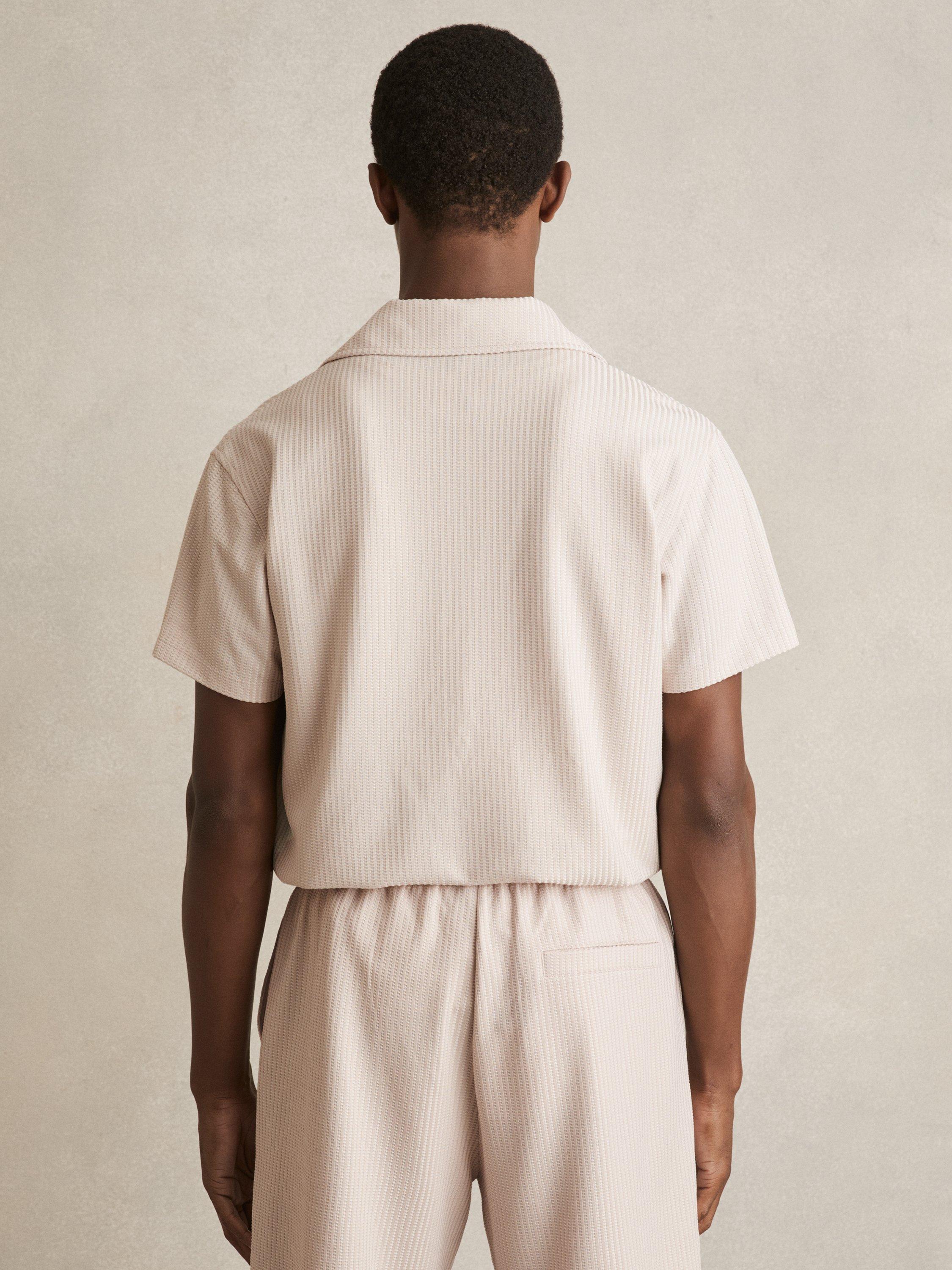 Product image 2 of 5, which shows Reiss Warwick Textured Stripe Regular Fit Short Sleeve Shirt, Champagne, XS
