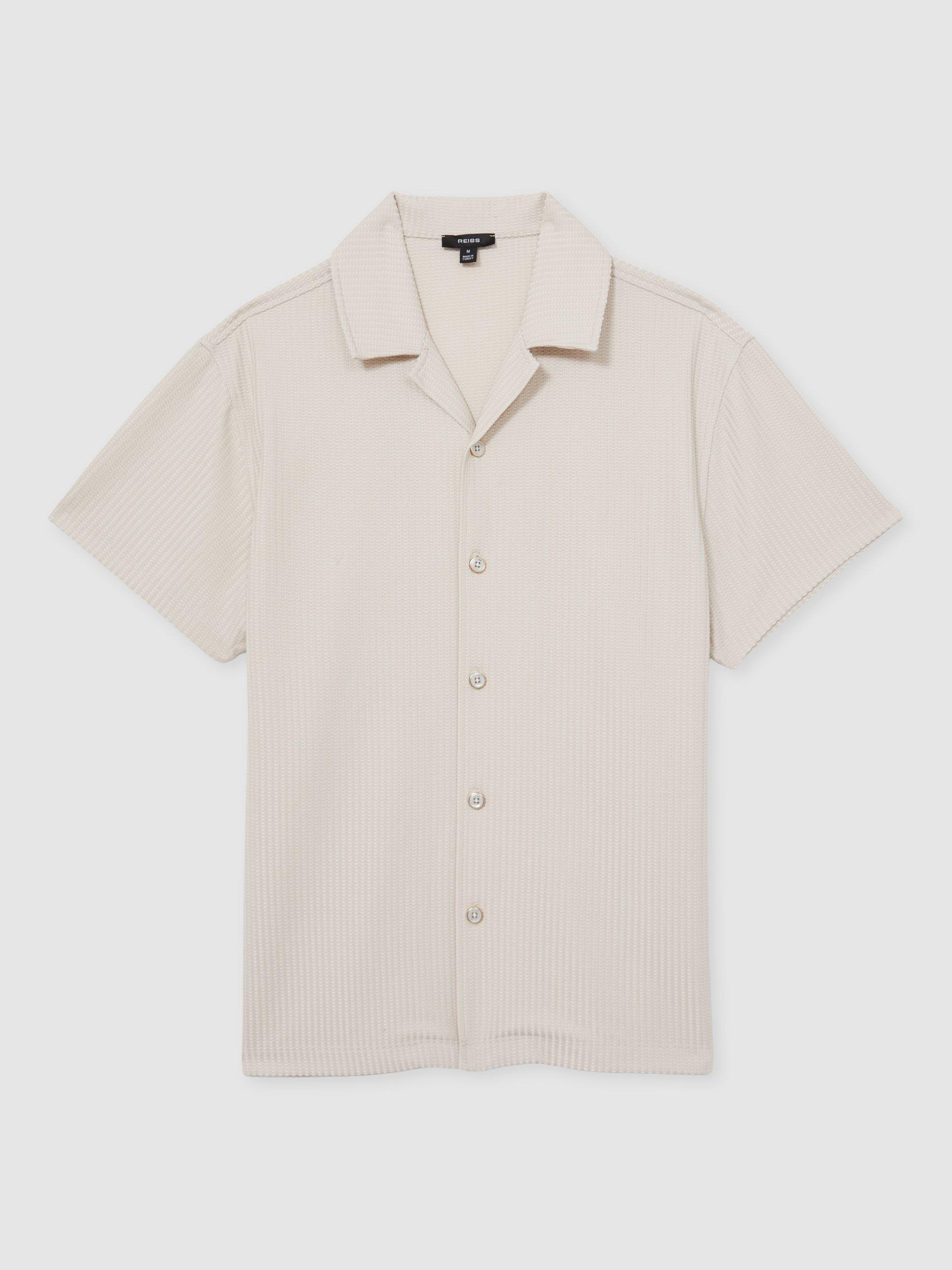 Product image 3 of 5, which shows Reiss Warwick Textured Stripe Regular Fit Short Sleeve Shirt, Champagne, XS