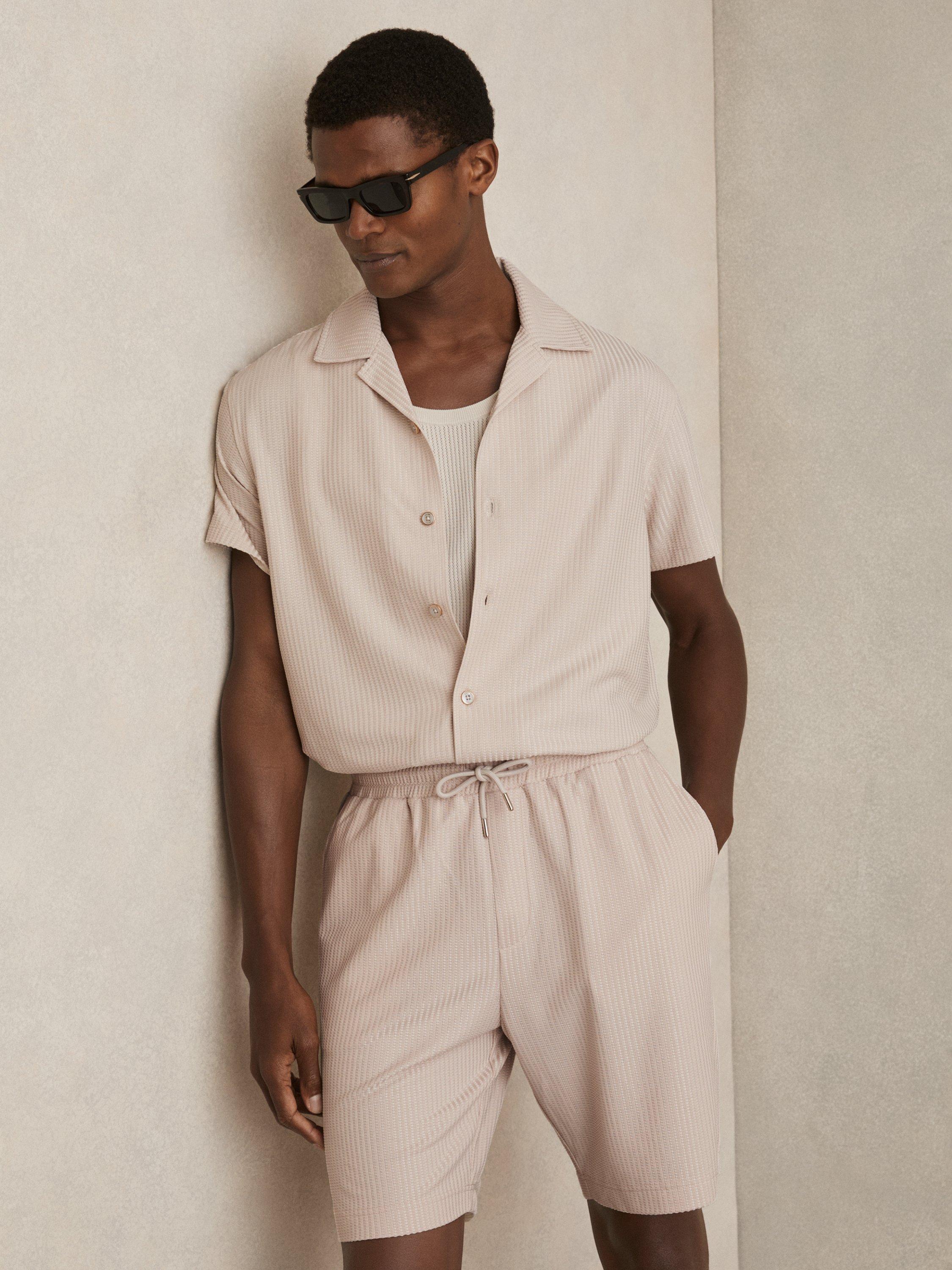 Product image 4 of 5, which shows Reiss Warwick Textured Stripe Regular Fit Short Sleeve Shirt, Champagne, XS