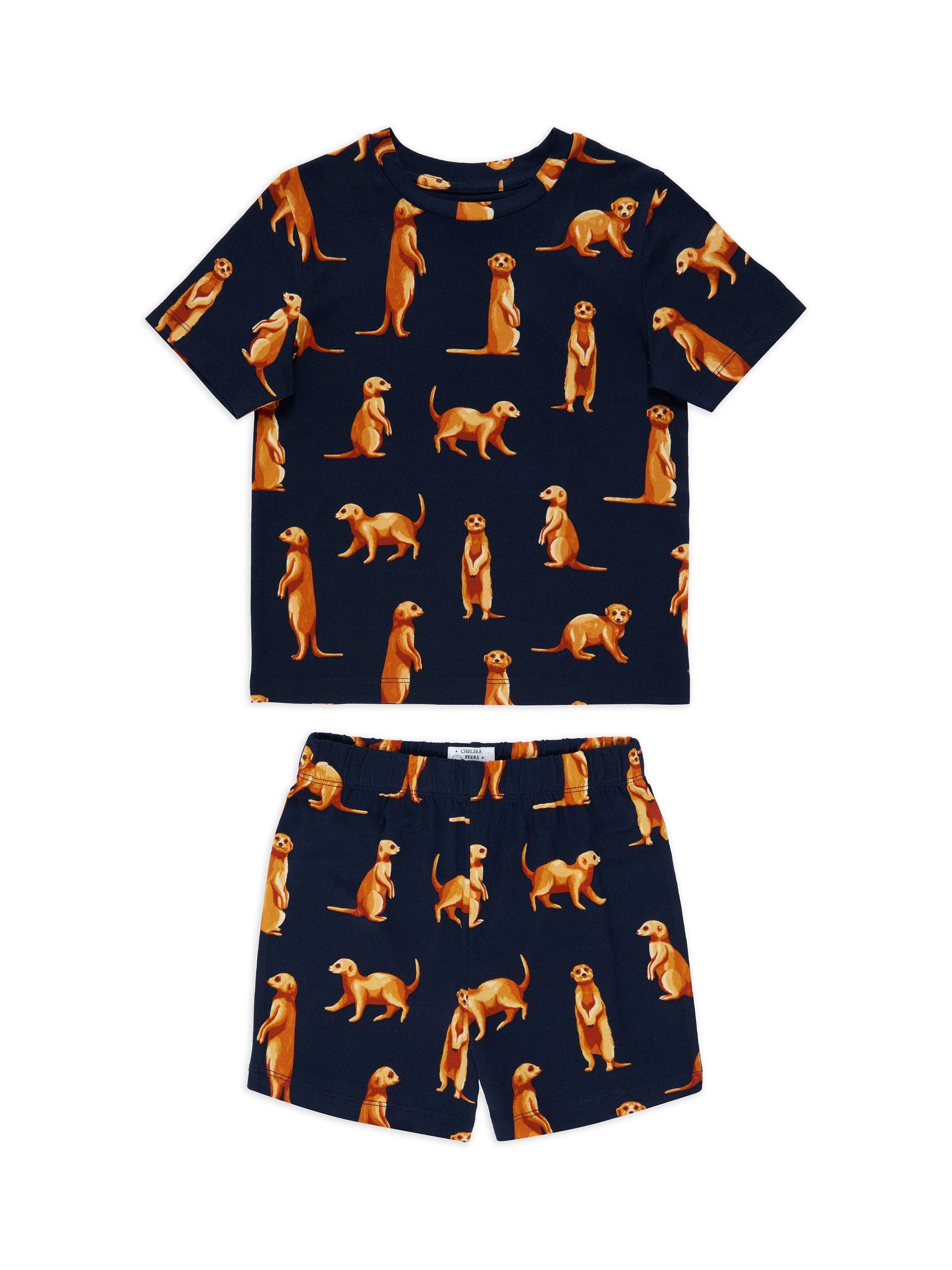 Product image 1 of 3, which shows Chelsea Peers Kids' Meerkats Short Pyjamas, Navy/Multi, 1-2 years