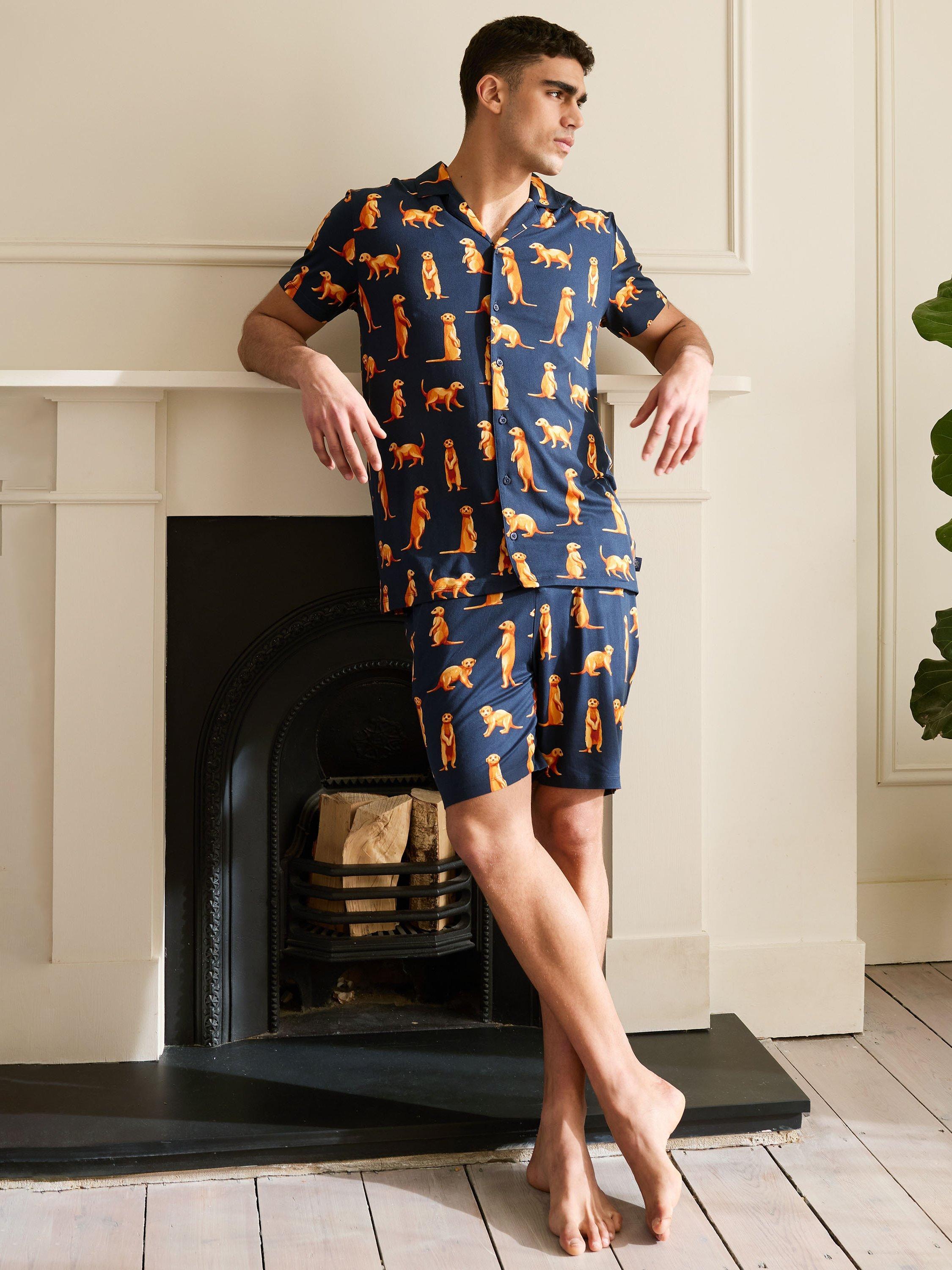 Product image 1 of 5, which shows Chelsea Peers Meerkat Print Short Pyjama Set, Navy/Multi, L