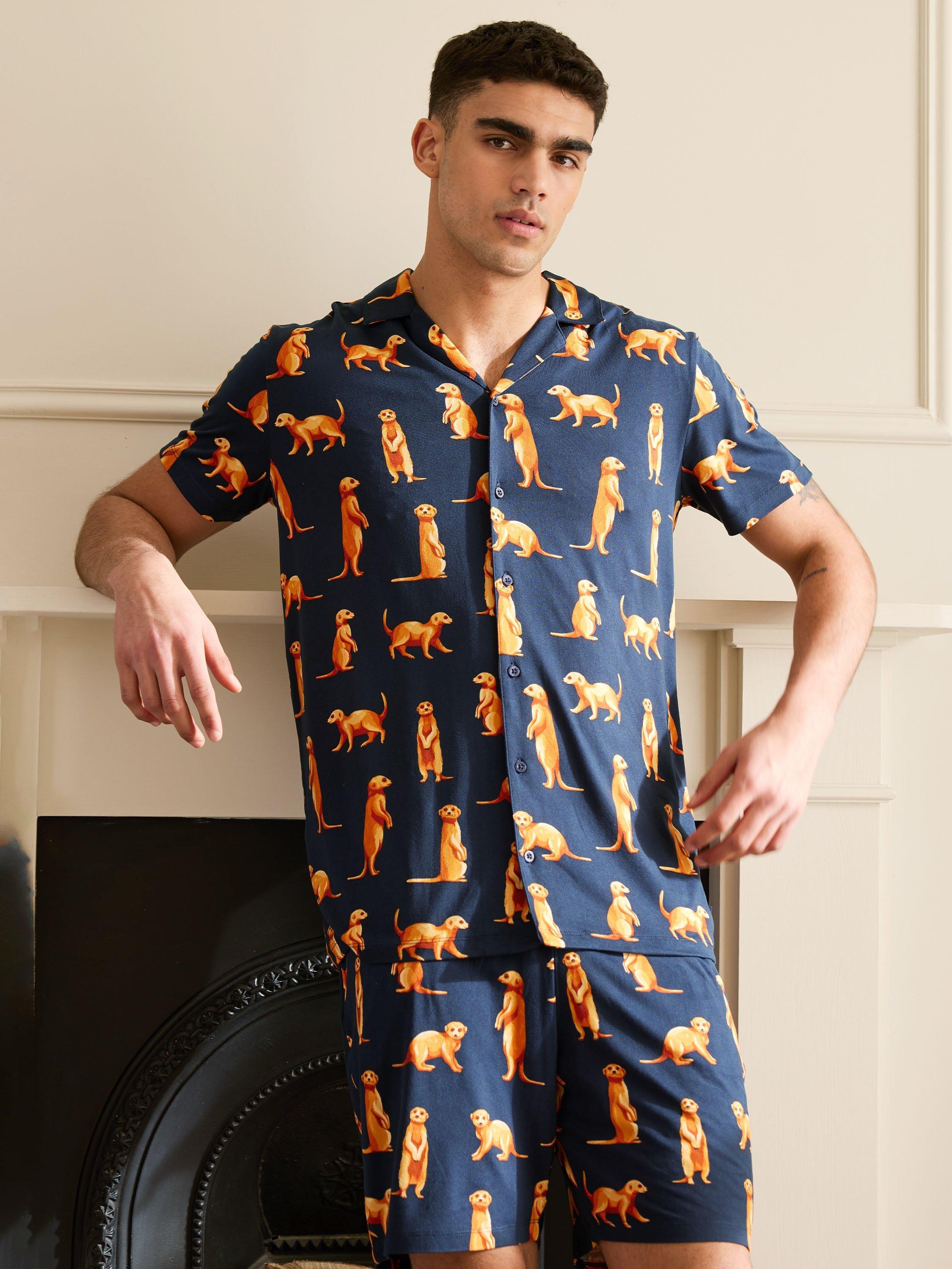 Product image 2 of 5, which shows Chelsea Peers Meerkat Print Short Pyjama Set, Navy/Multi, L