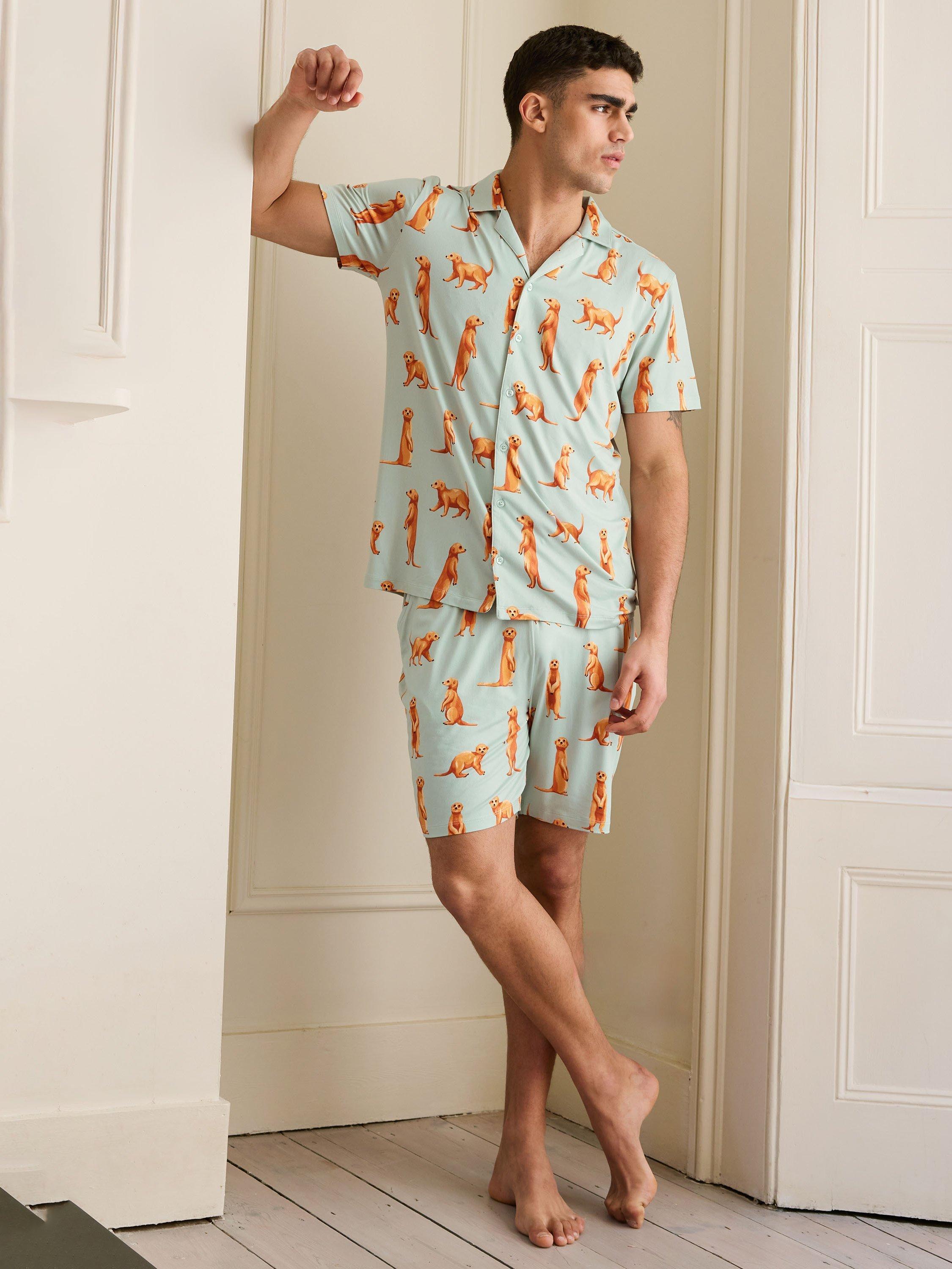 Product image 1 of 5, which shows Chelsea Peers Meerkat Print Short Pyjama Set, Blue/Multi, S