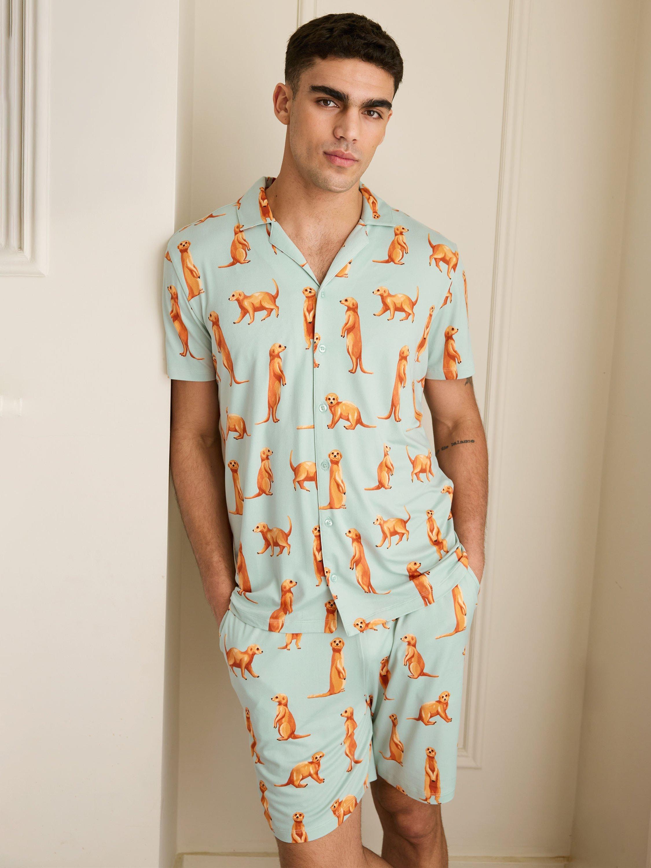 Product image 2 of 5, which shows Chelsea Peers Meerkat Print Short Pyjama Set, Blue/Multi, S