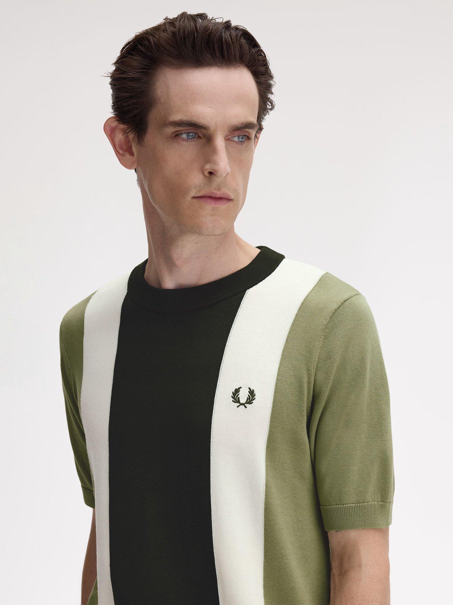Product image 3 of 5, which shows Fred Perry Vertical Stripe Knit T-Shirt, Olive Mint, S