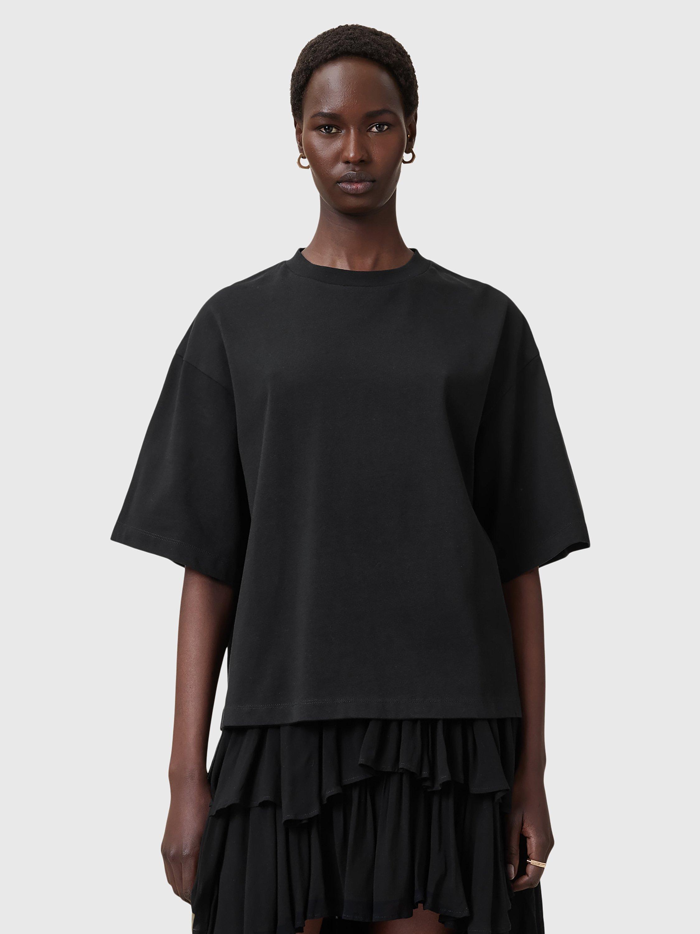 Product image 1 of 9, which shows AllSaints Amelie Crochet Back Pure Organic Cotton T-Shirt, Black, L