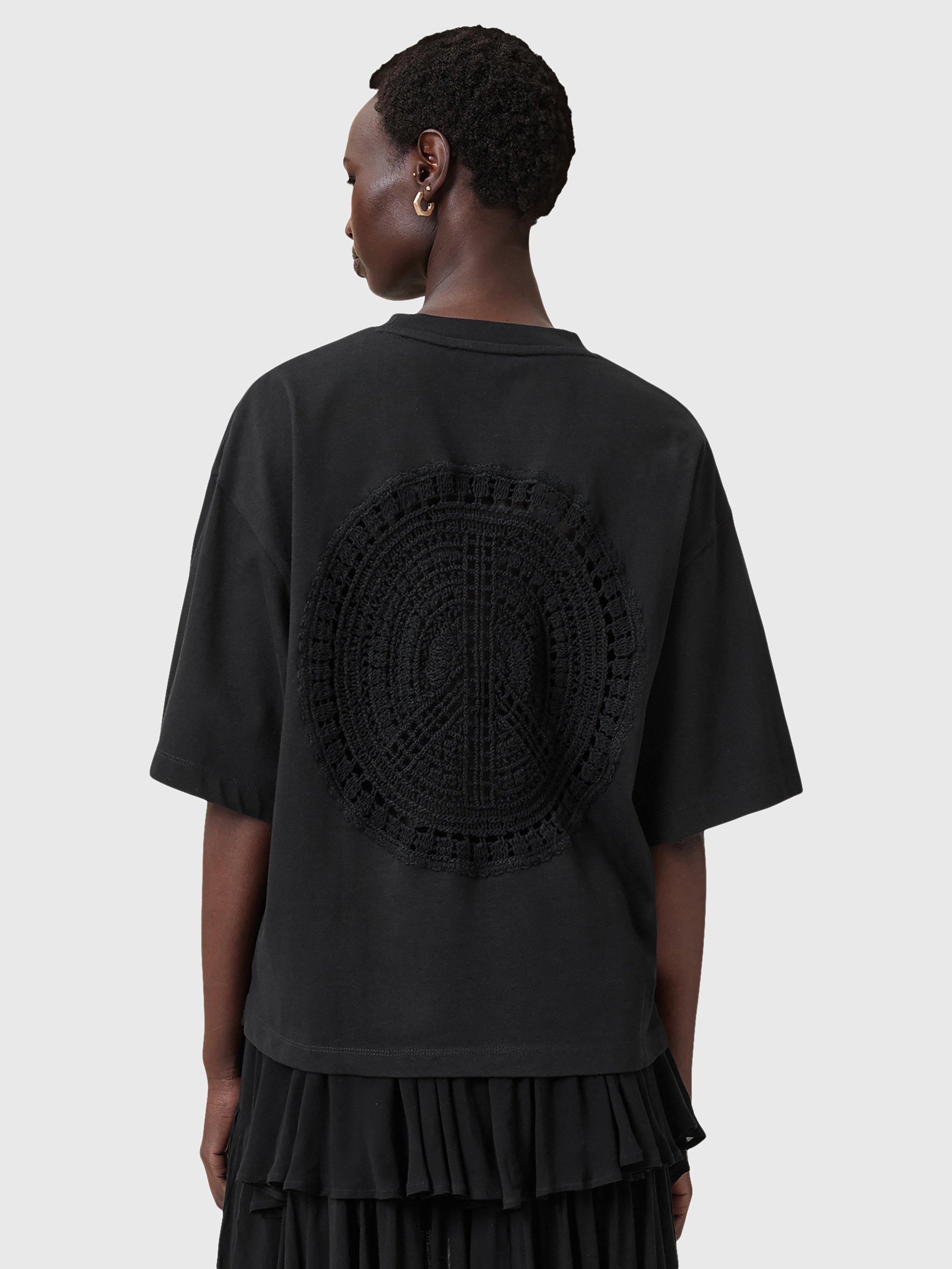 Product image 2 of 9, which shows AllSaints Amelie Crochet Back Pure Organic Cotton T-Shirt, Black, L