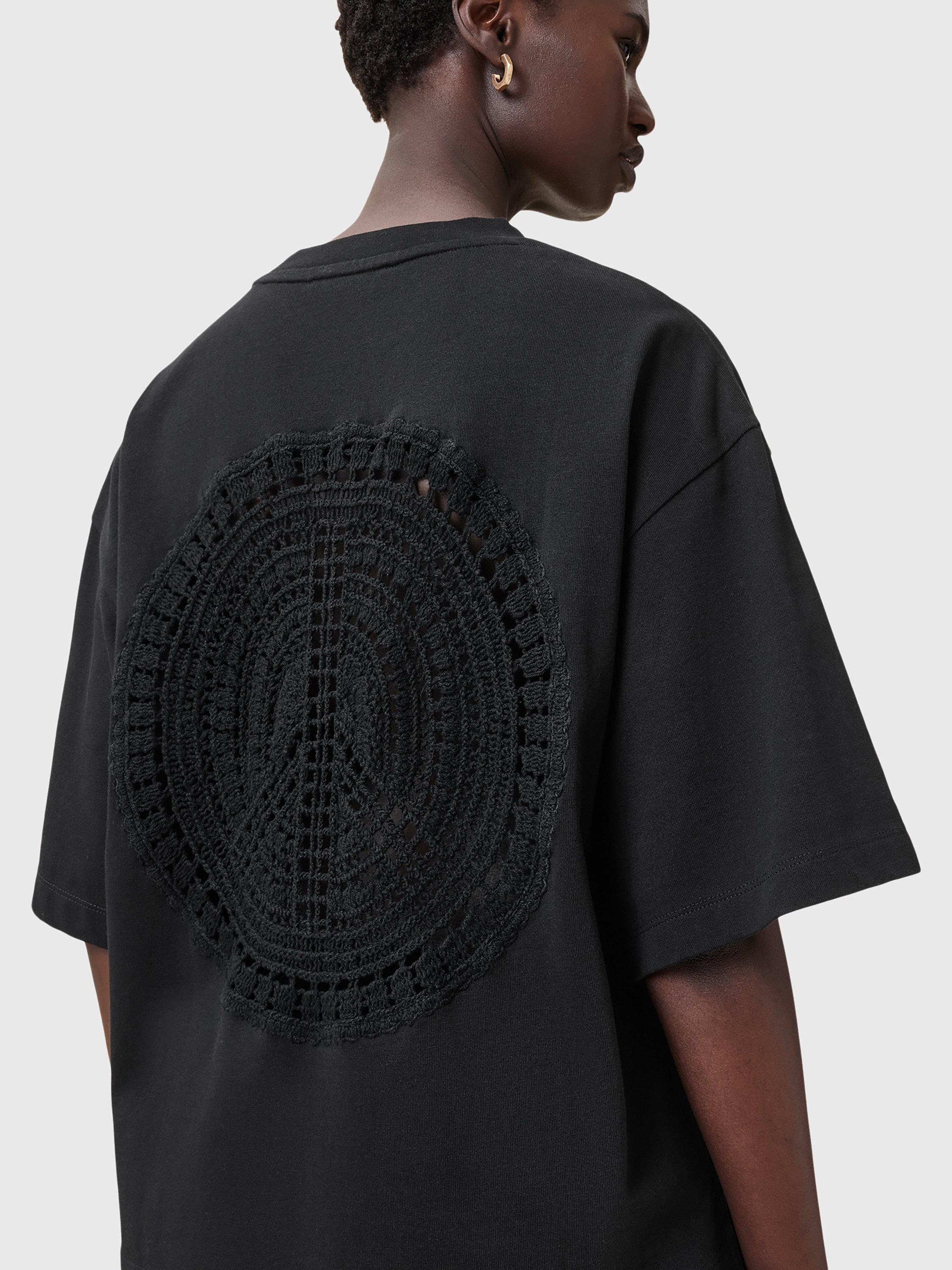 Product image 5 of 9, which shows AllSaints Amelie Crochet Back Pure Organic Cotton T-Shirt, Black, L