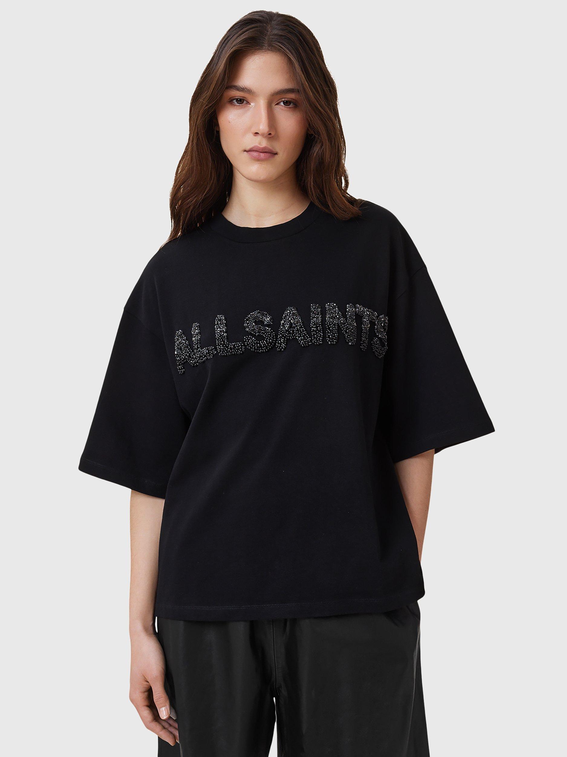 Product image 1 of 7, which shows AllSaints Amelie Pearl Logo T-Shirt, Black, S