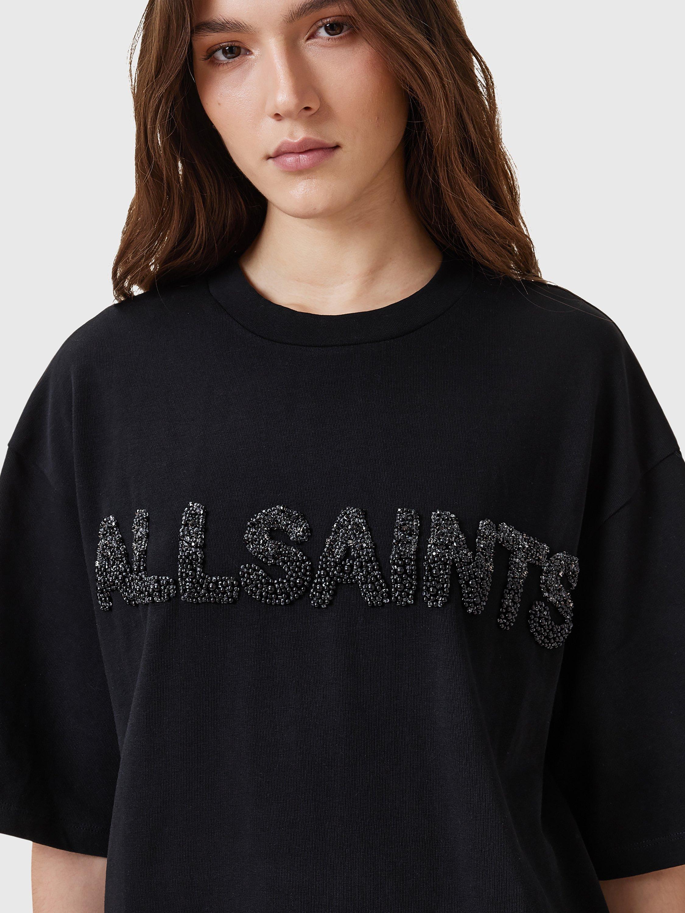 Product image 5 of 7, which shows AllSaints Amelie Pearl Logo T-Shirt, Black, S
