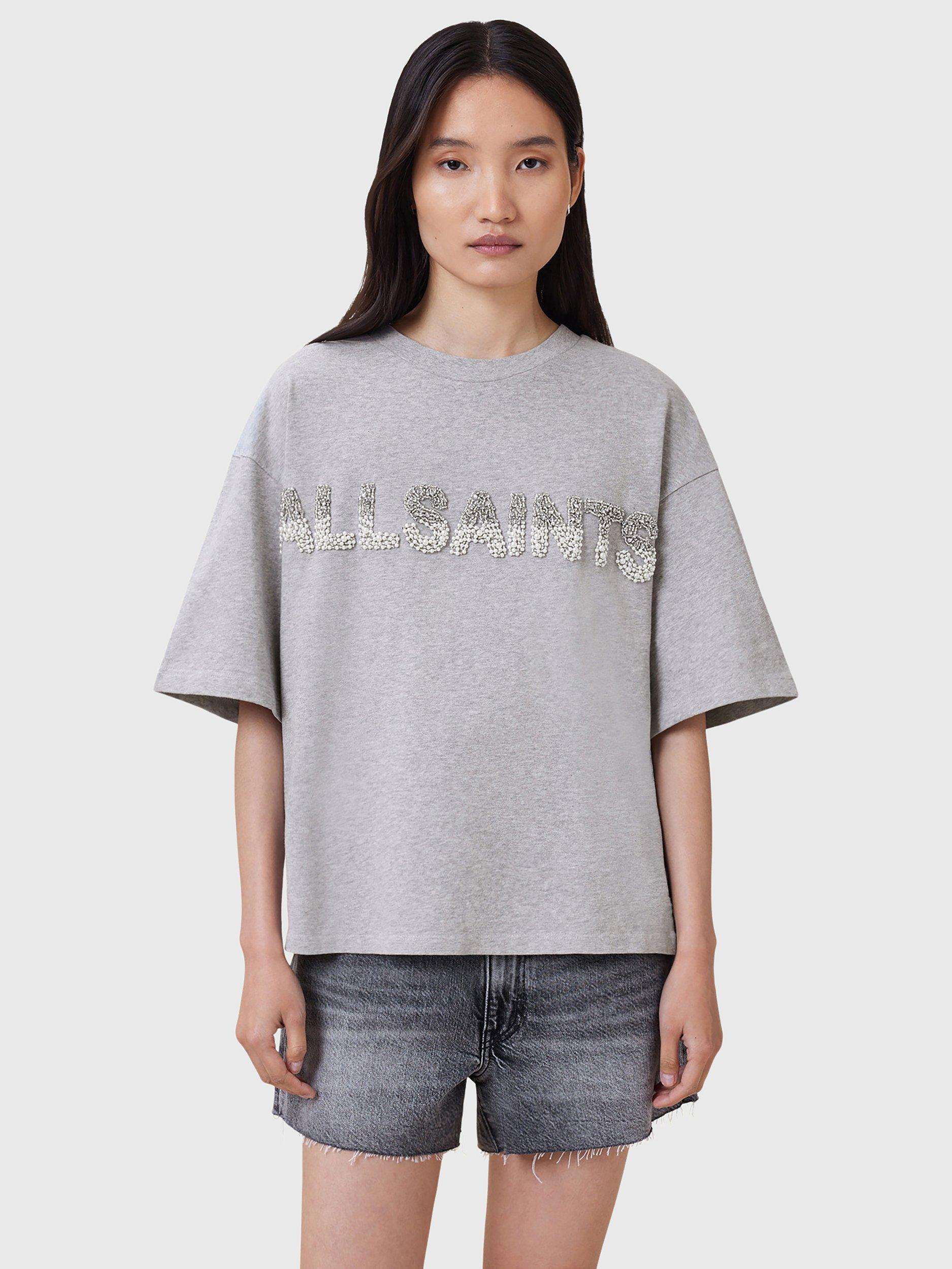 Product image 1 of 7, which shows AllSaints Amelie Pearl Logo T-Shirt, Grey, XS