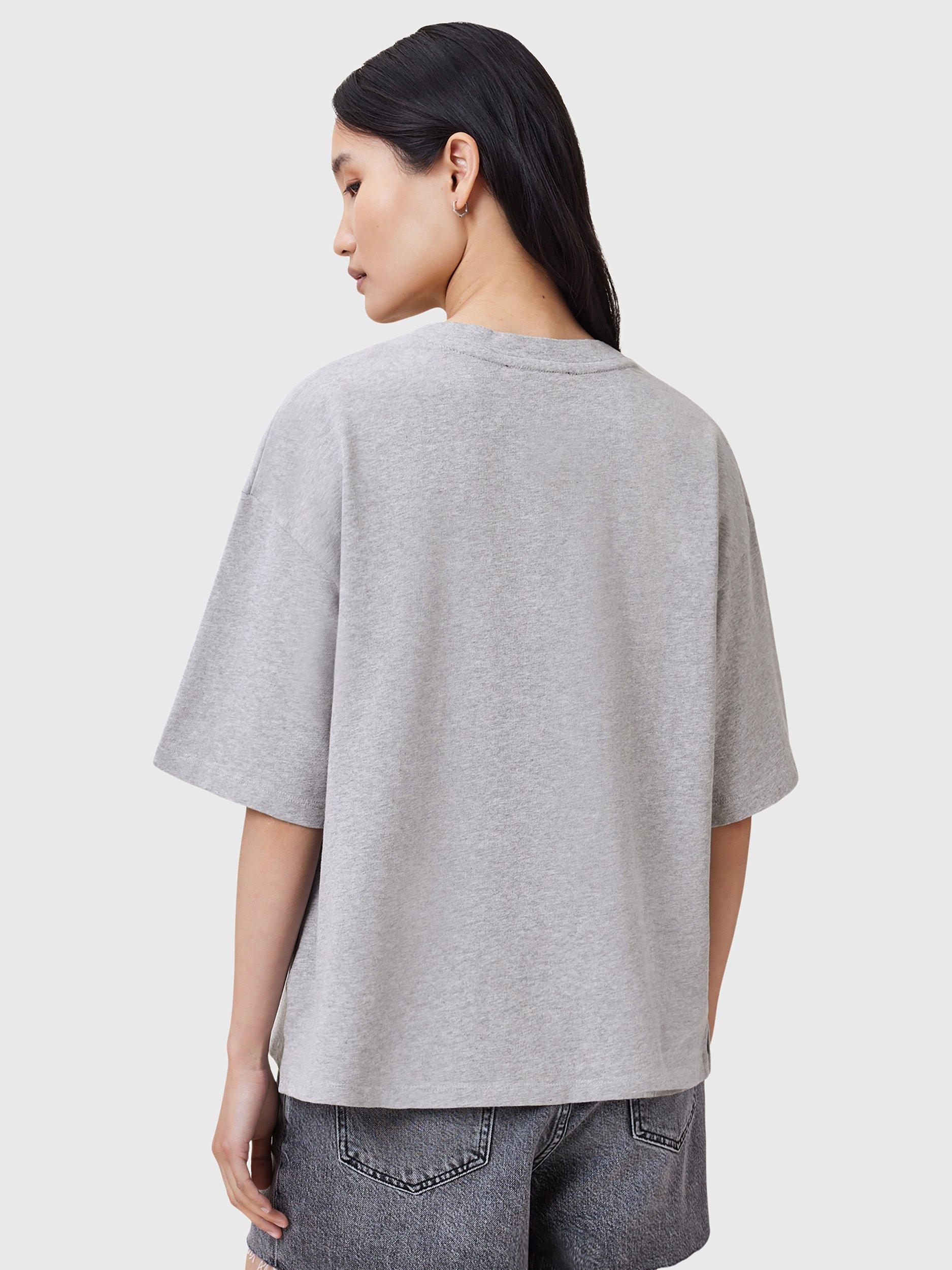 Product image 2 of 7, which shows AllSaints Amelie Pearl Logo T-Shirt, Grey, XS