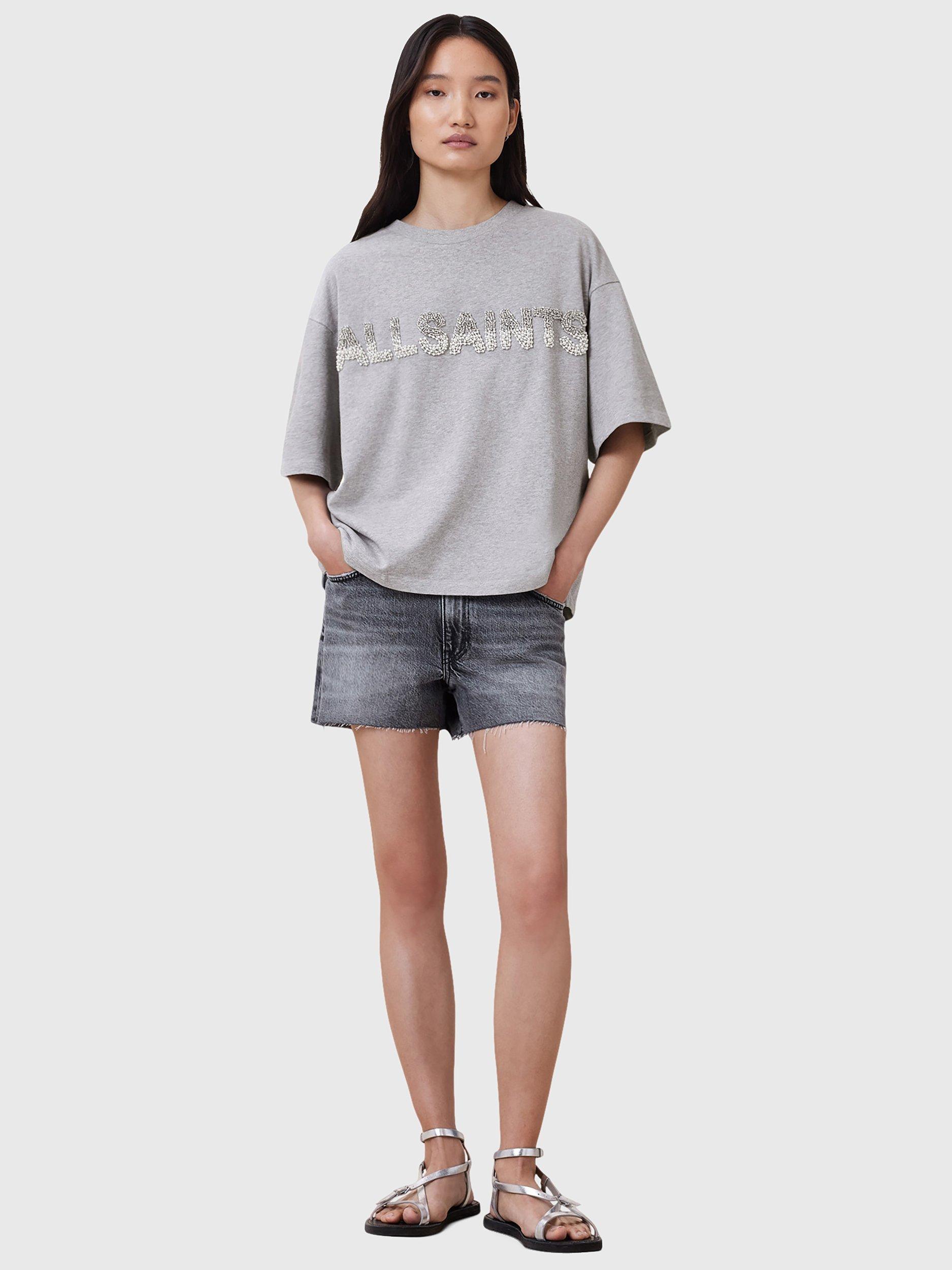 Product image 3 of 7, which shows AllSaints Amelie Pearl Logo T-Shirt, Grey, XS