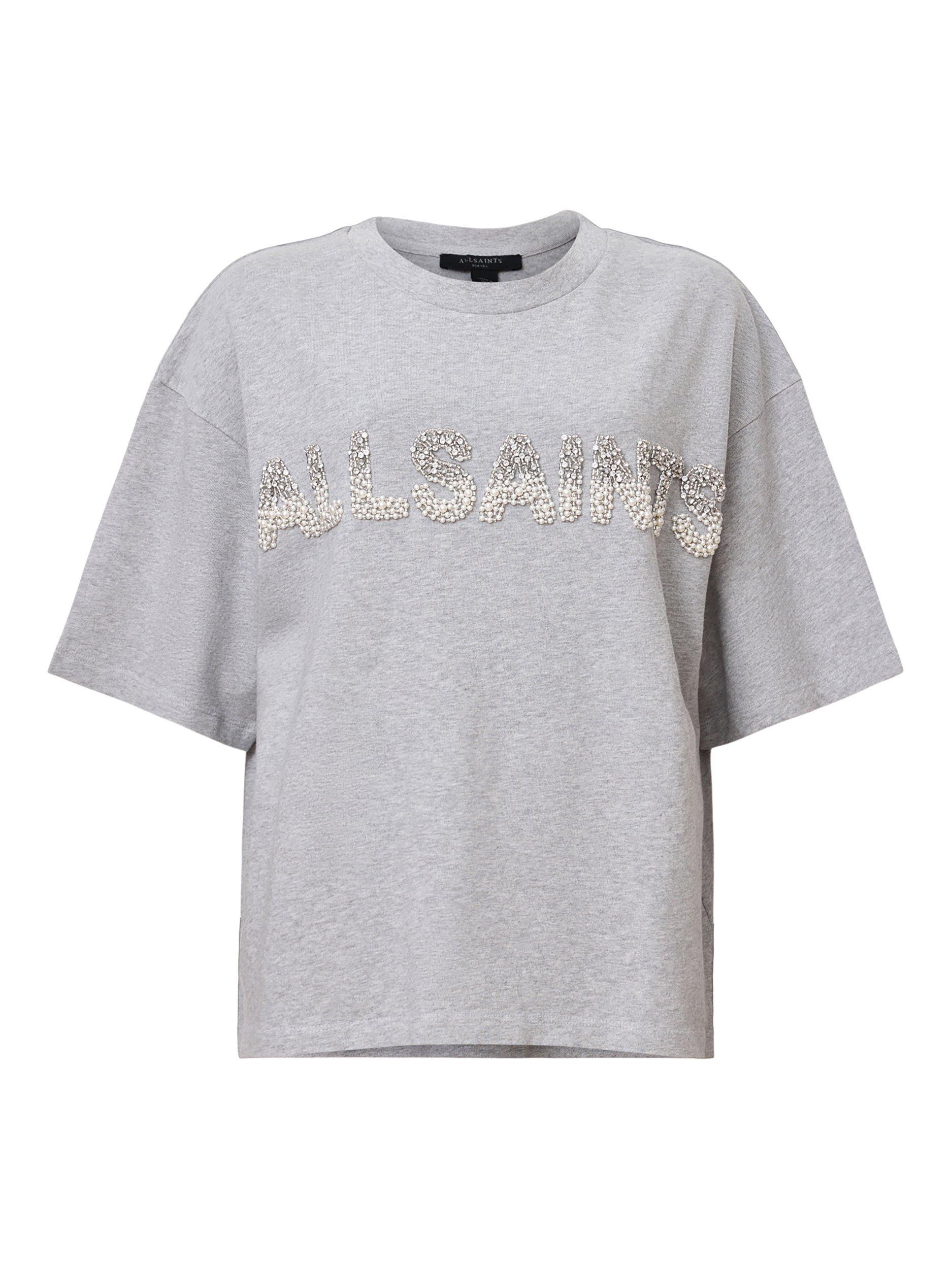 Product image 4 of 7, which shows AllSaints Amelie Pearl Logo T-Shirt, Grey, XS