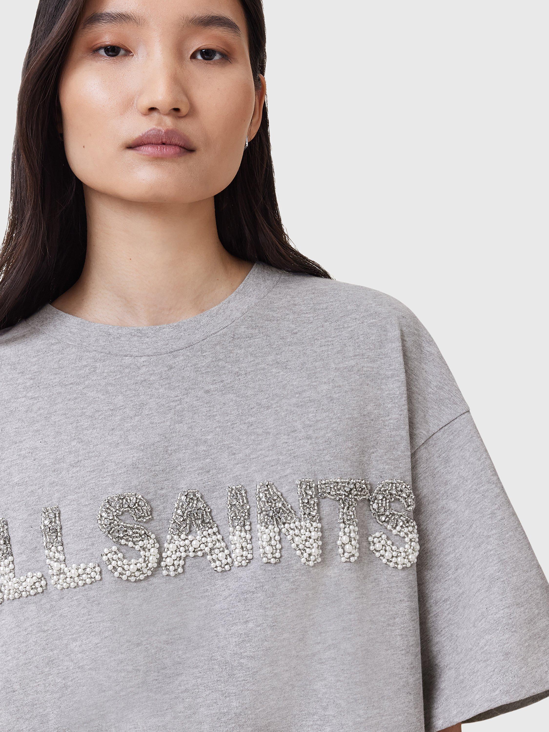 Product image 5 of 7, which shows AllSaints Amelie Pearl Logo T-Shirt, Grey, XS