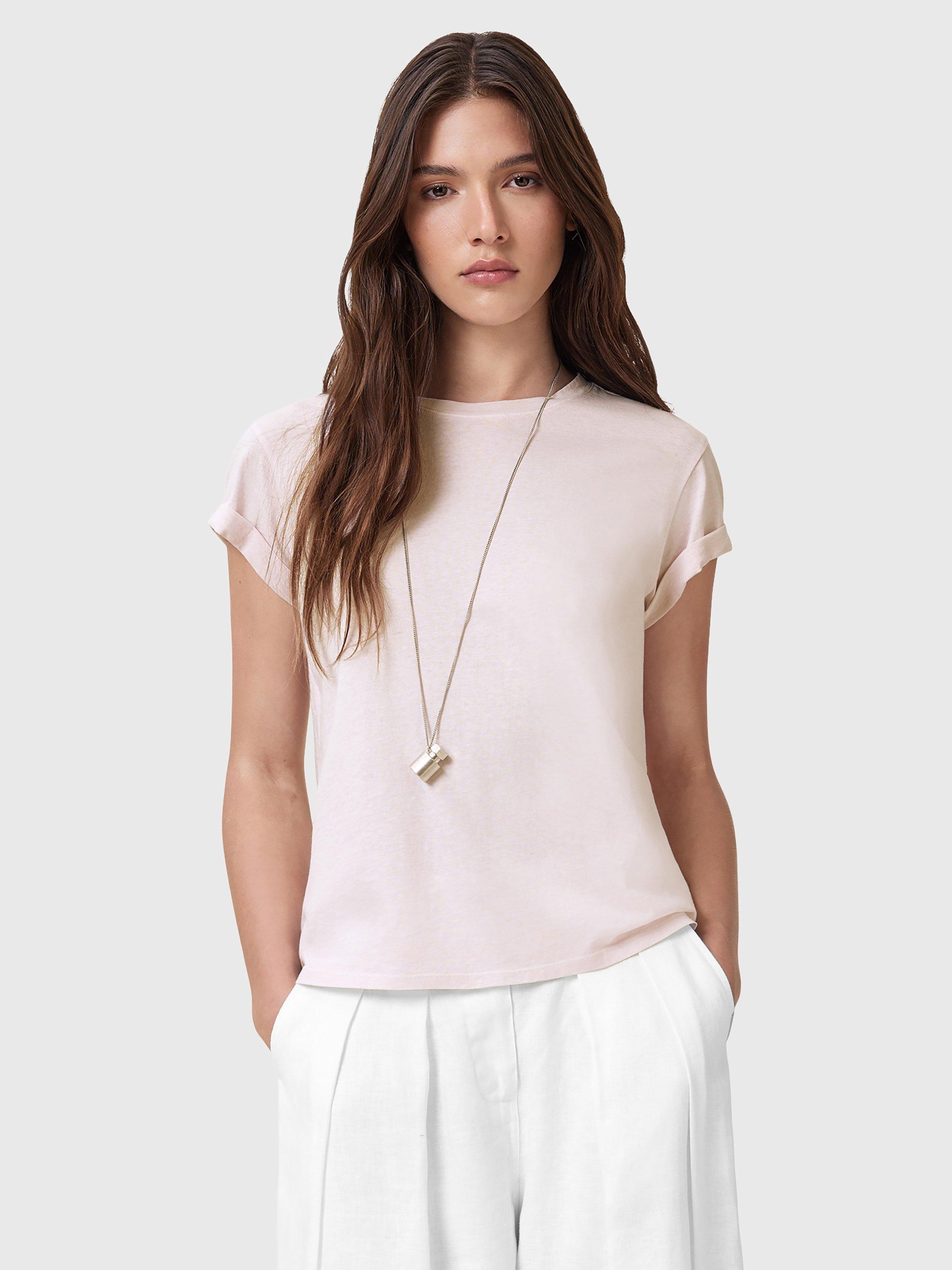 Product image 1 of 8, which shows AllSaints Anna Crew Neck T-Shirt, Light Green, Pink, XS