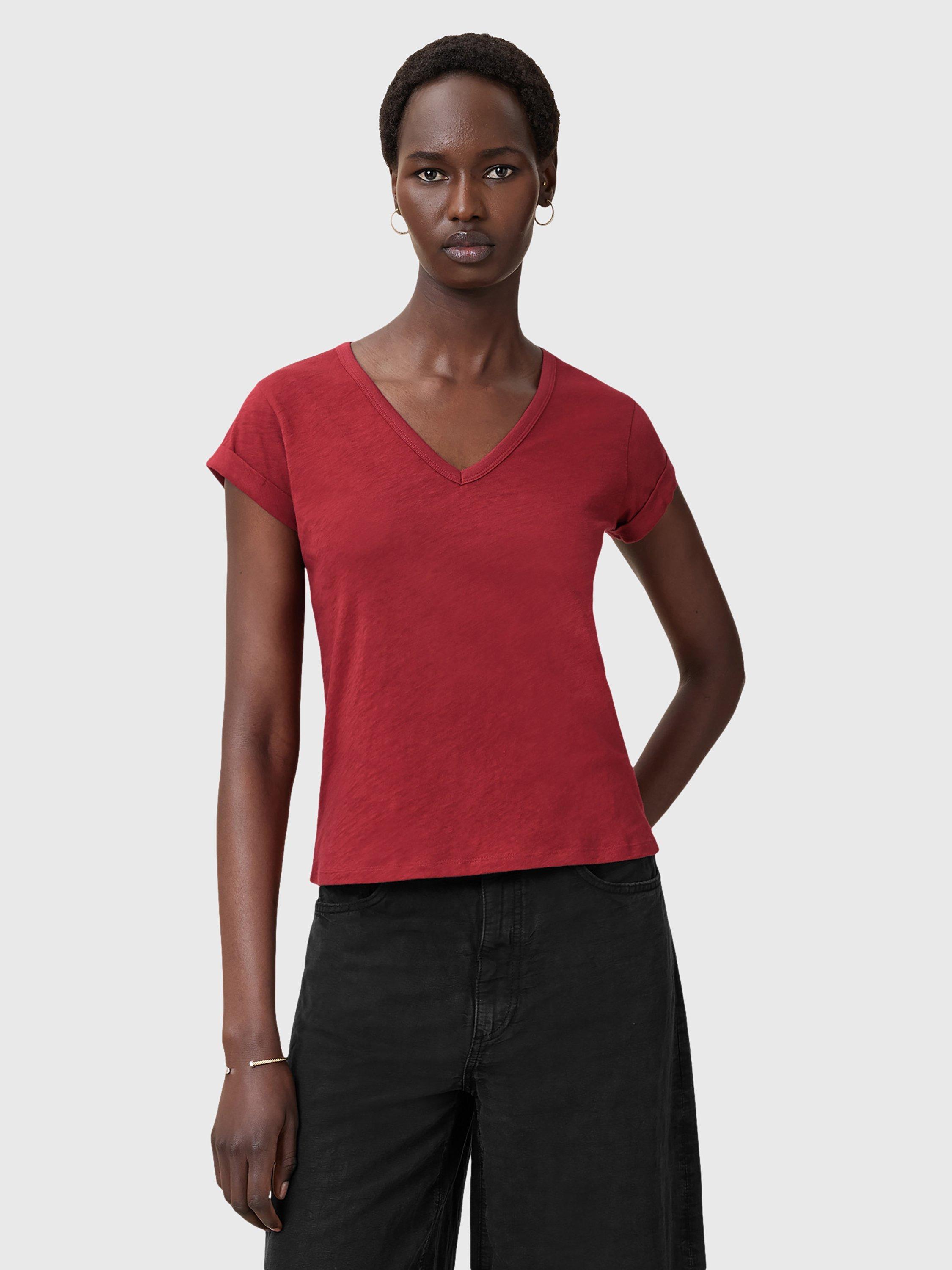 AllSaints Anna Cotton Short Sleeve V Neck T-Shirt, Red Mid