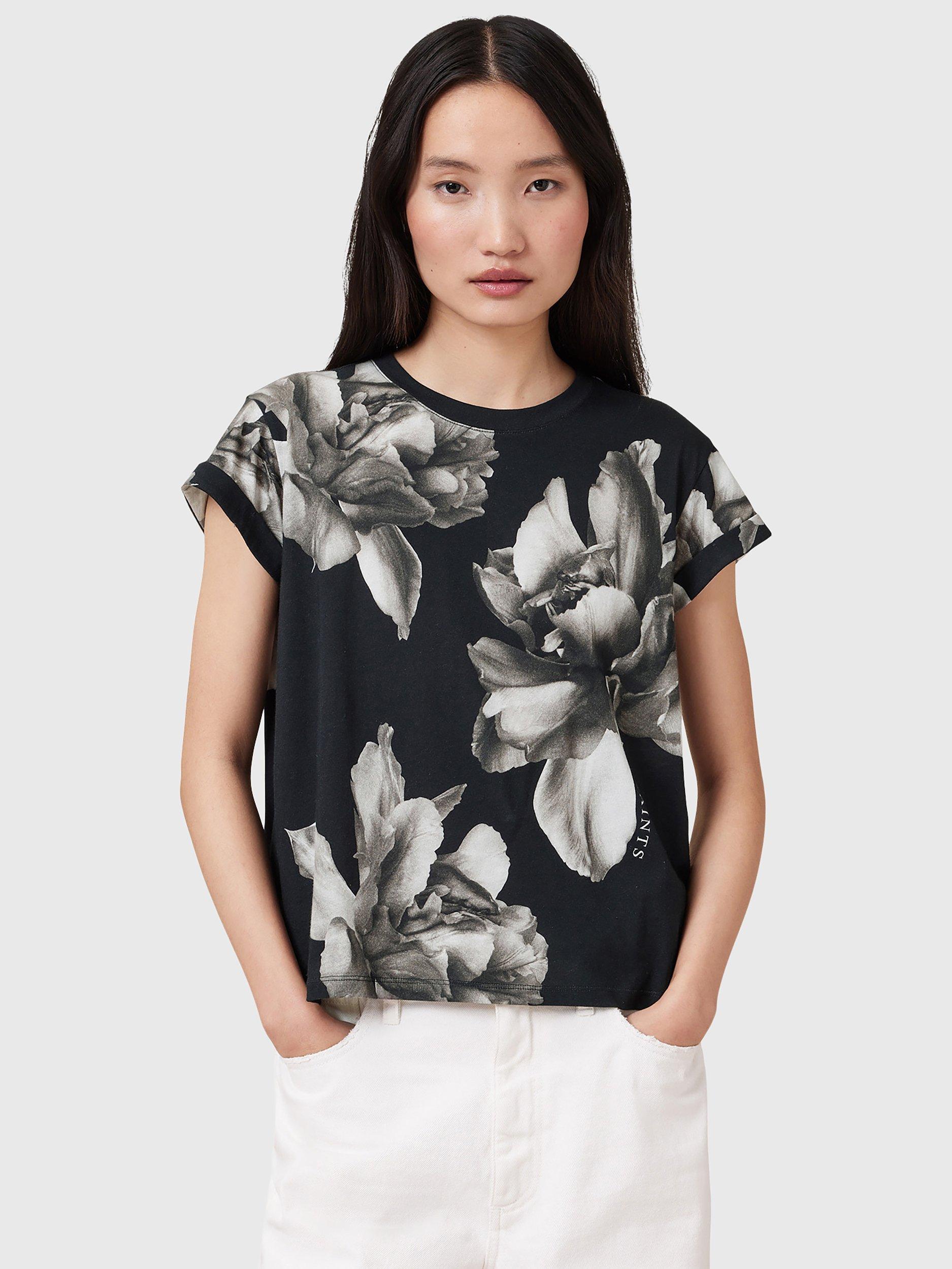 Product image 1 of 7, which shows AllSaints Anna Floral Pure Organic Cotton T-Shirt, Black/Multi, XS