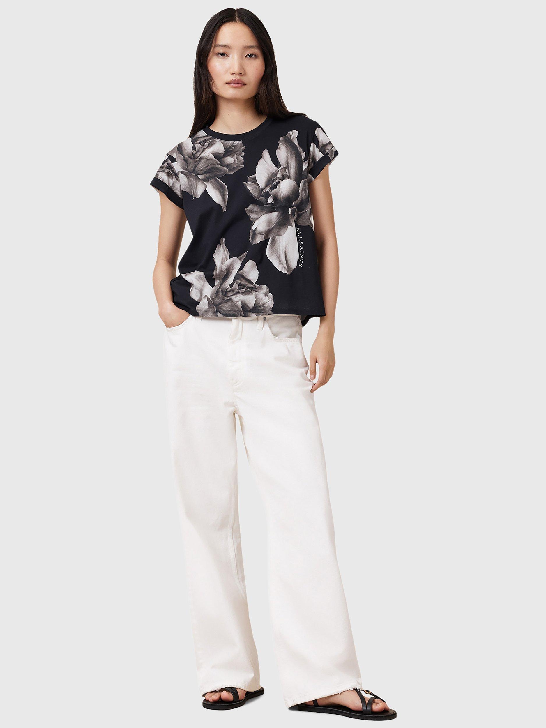 Product image 3 of 7, which shows AllSaints Anna Floral Pure Organic Cotton T-Shirt, Black/Multi, XS