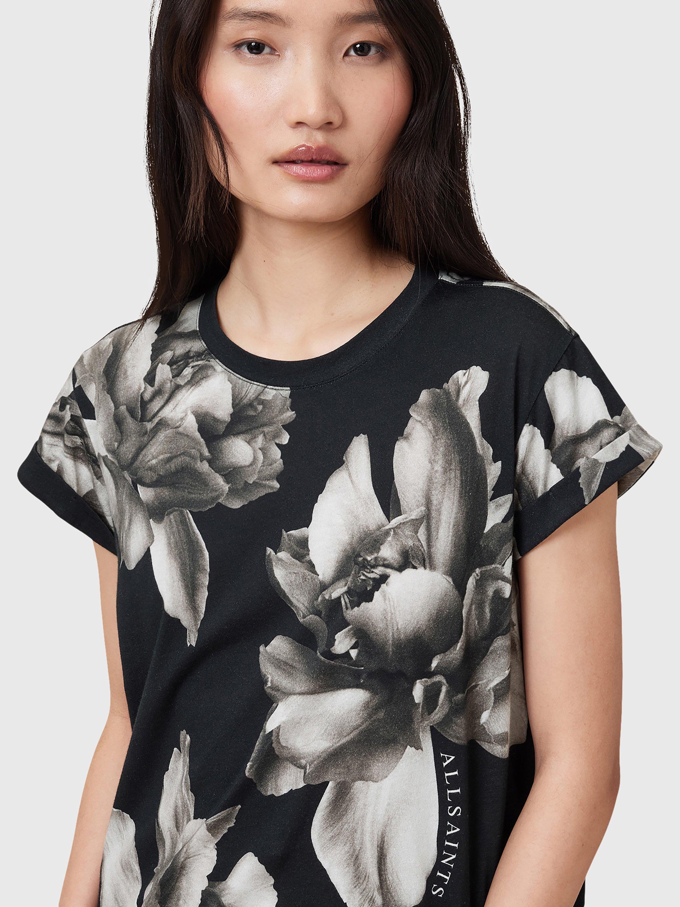 Product image 5 of 7, which shows AllSaints Anna Floral Pure Organic Cotton T-Shirt, Black/Multi, XS