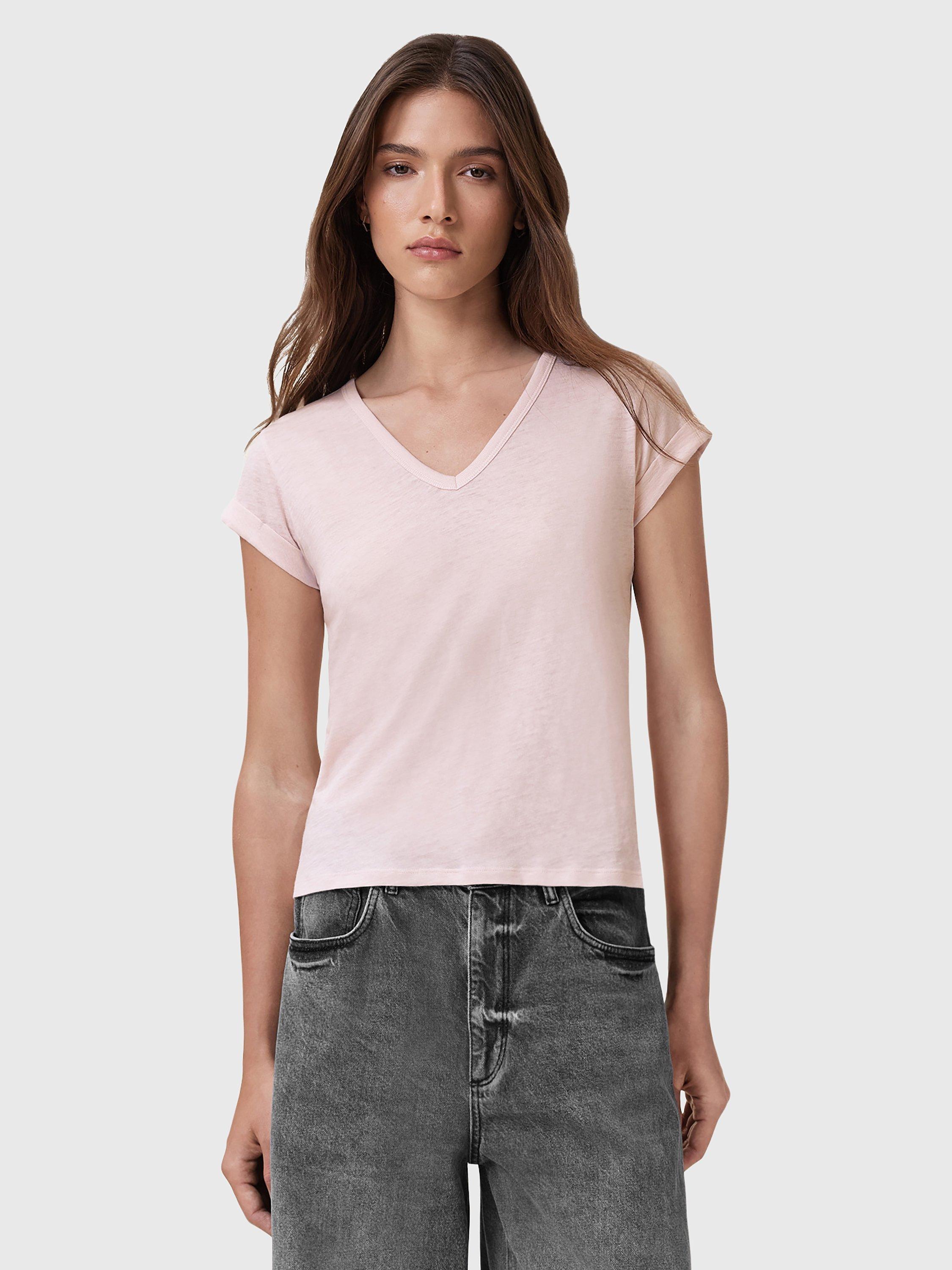 AllSaints Anna Cotton Short Sleeve V Neck T-Shirt, Pink Blush