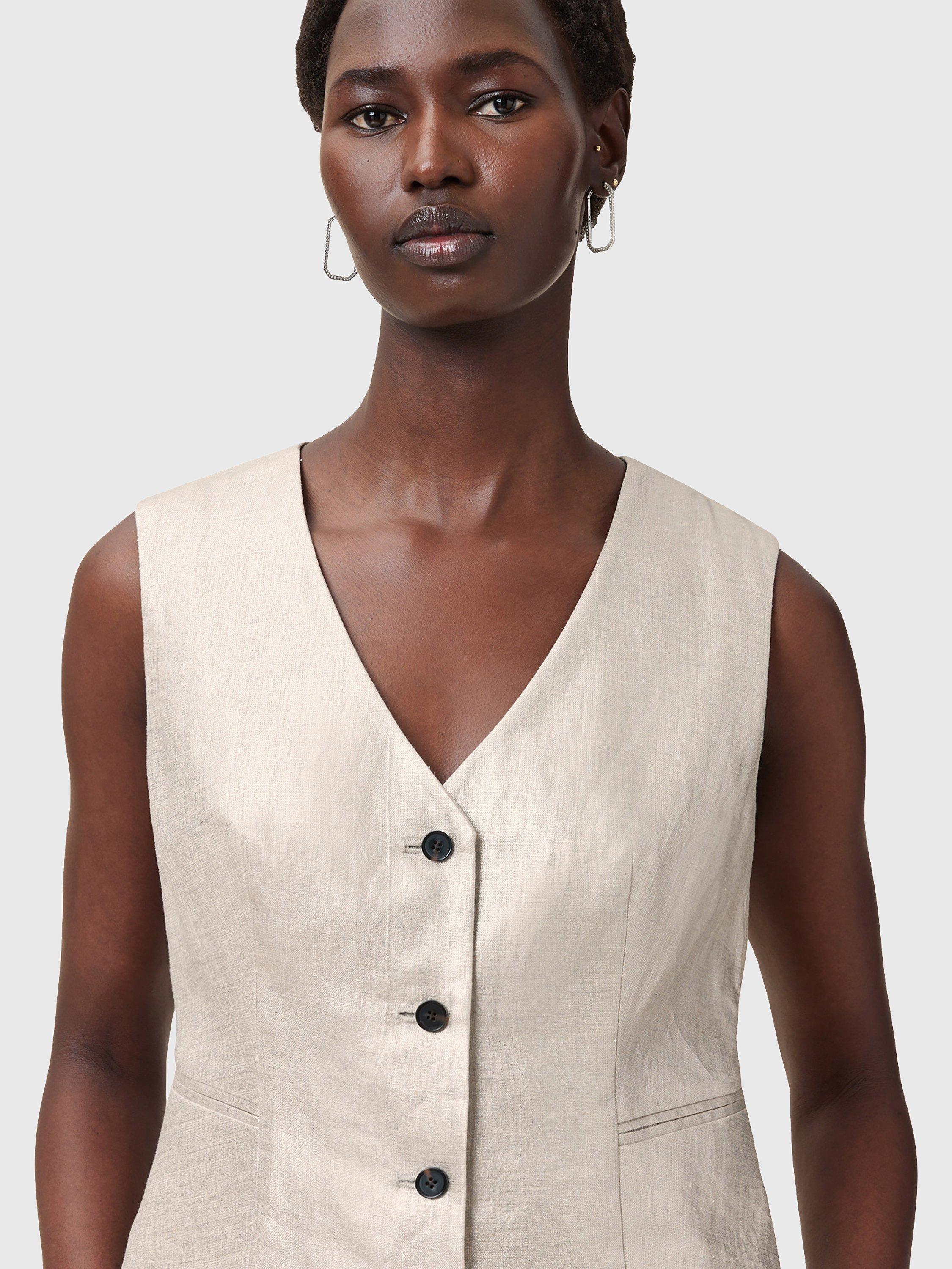 Product image 1 of 8, which shows AllSaints Averie Pure Linen Waistcoat, Silver Grey, 10