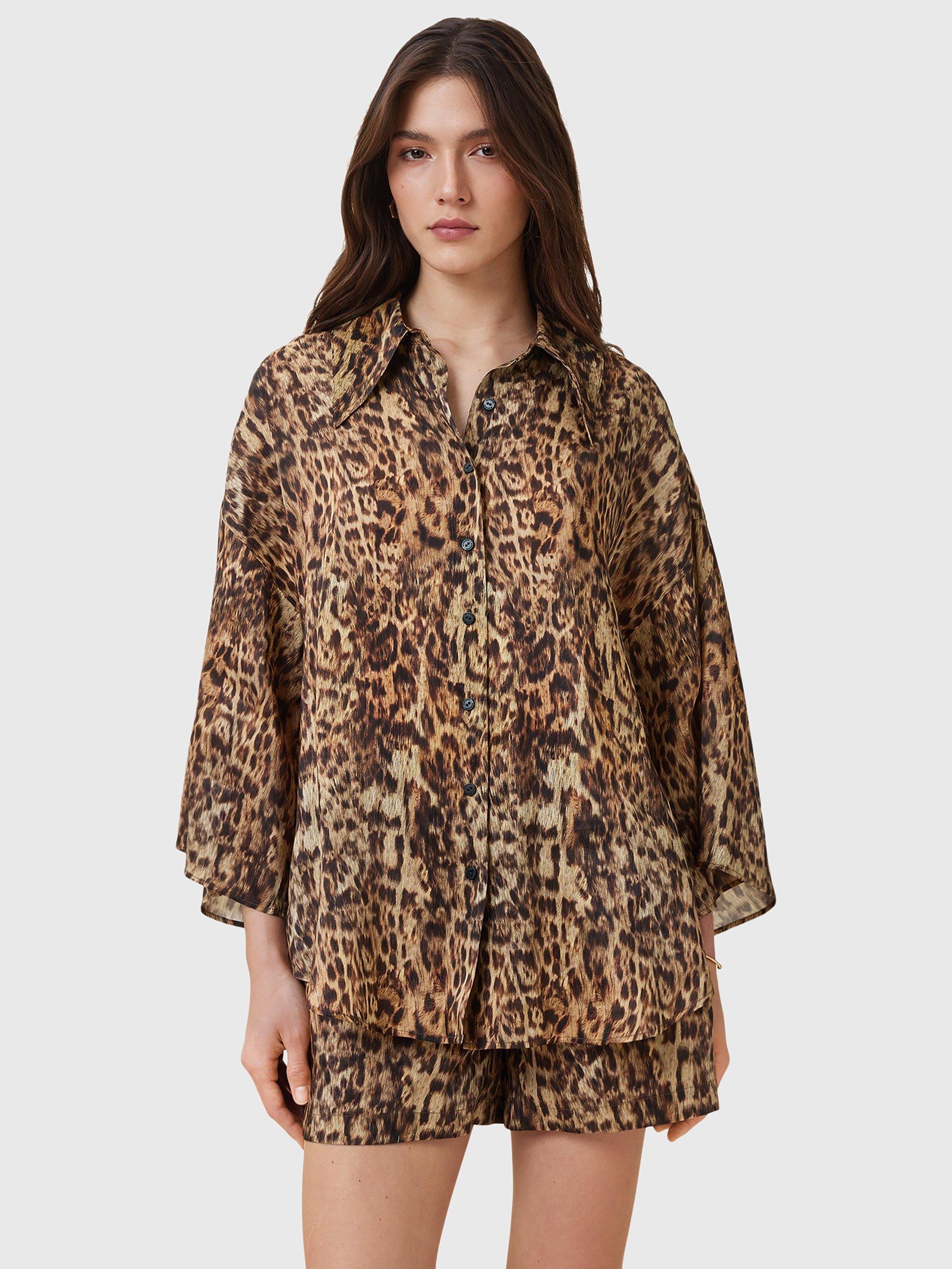 Product image 1 of 9, which shows AllSaints Charli Animal Print Shirt, Brown, 6