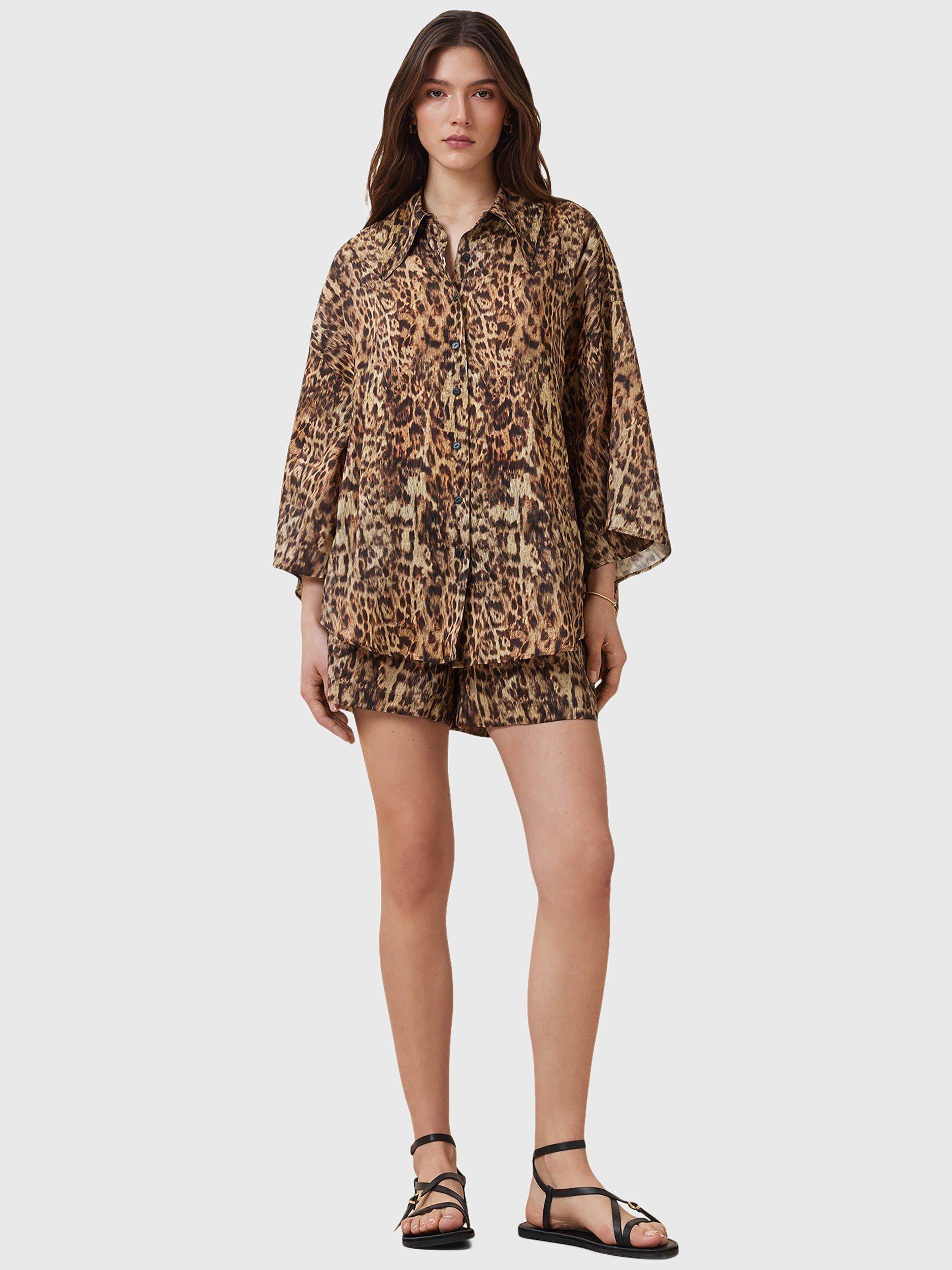 Product image 3 of 9, which shows AllSaints Charli Animal Print Shirt, Brown, 6