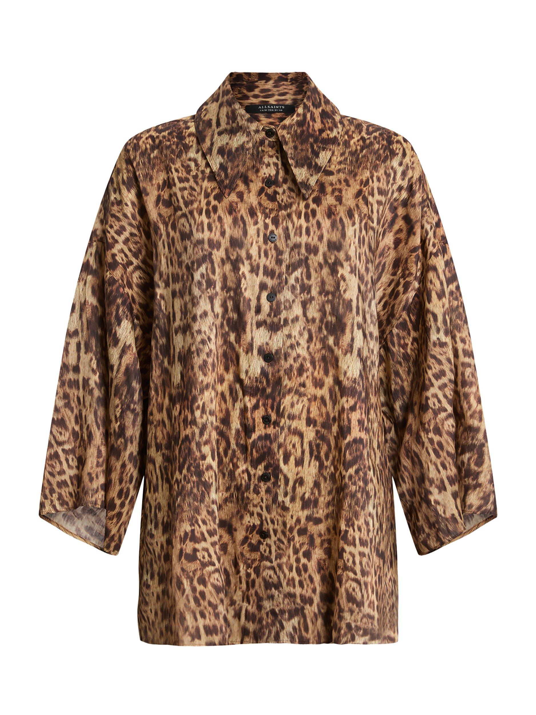 Product image 4 of 9, which shows AllSaints Charli Animal Print Shirt, Brown, 6