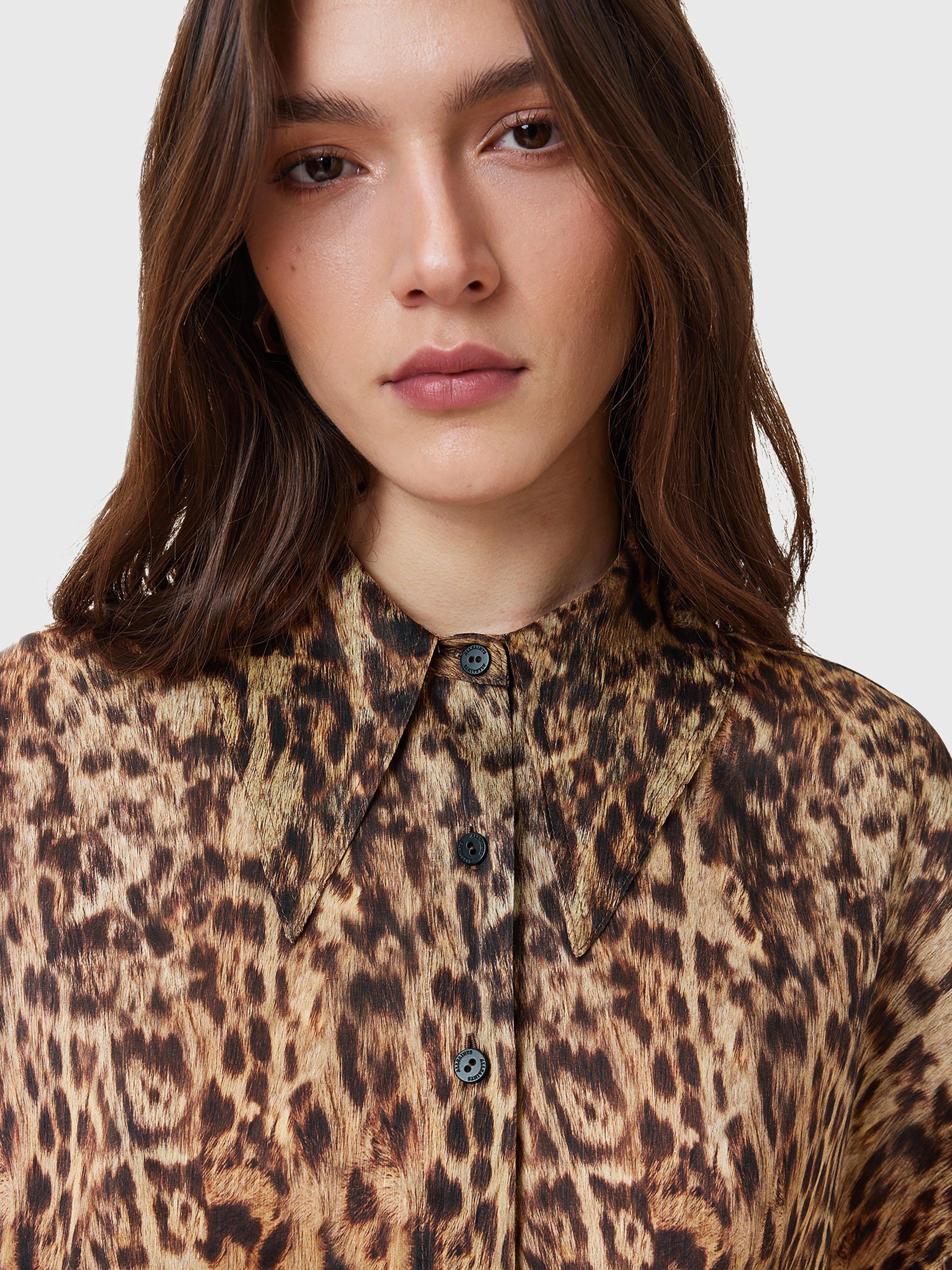 Product image 5 of 9, which shows AllSaints Charli Animal Print Shirt, Brown, 6