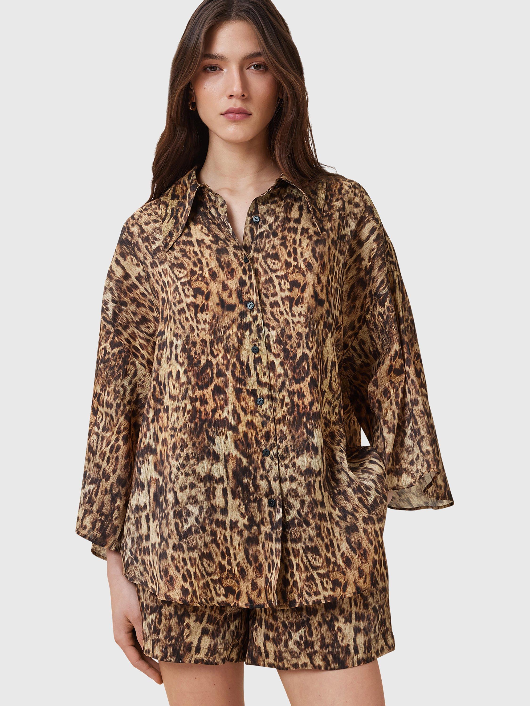 Product image 6 of 9, which shows AllSaints Charli Animal Print Shirt, Brown, 6