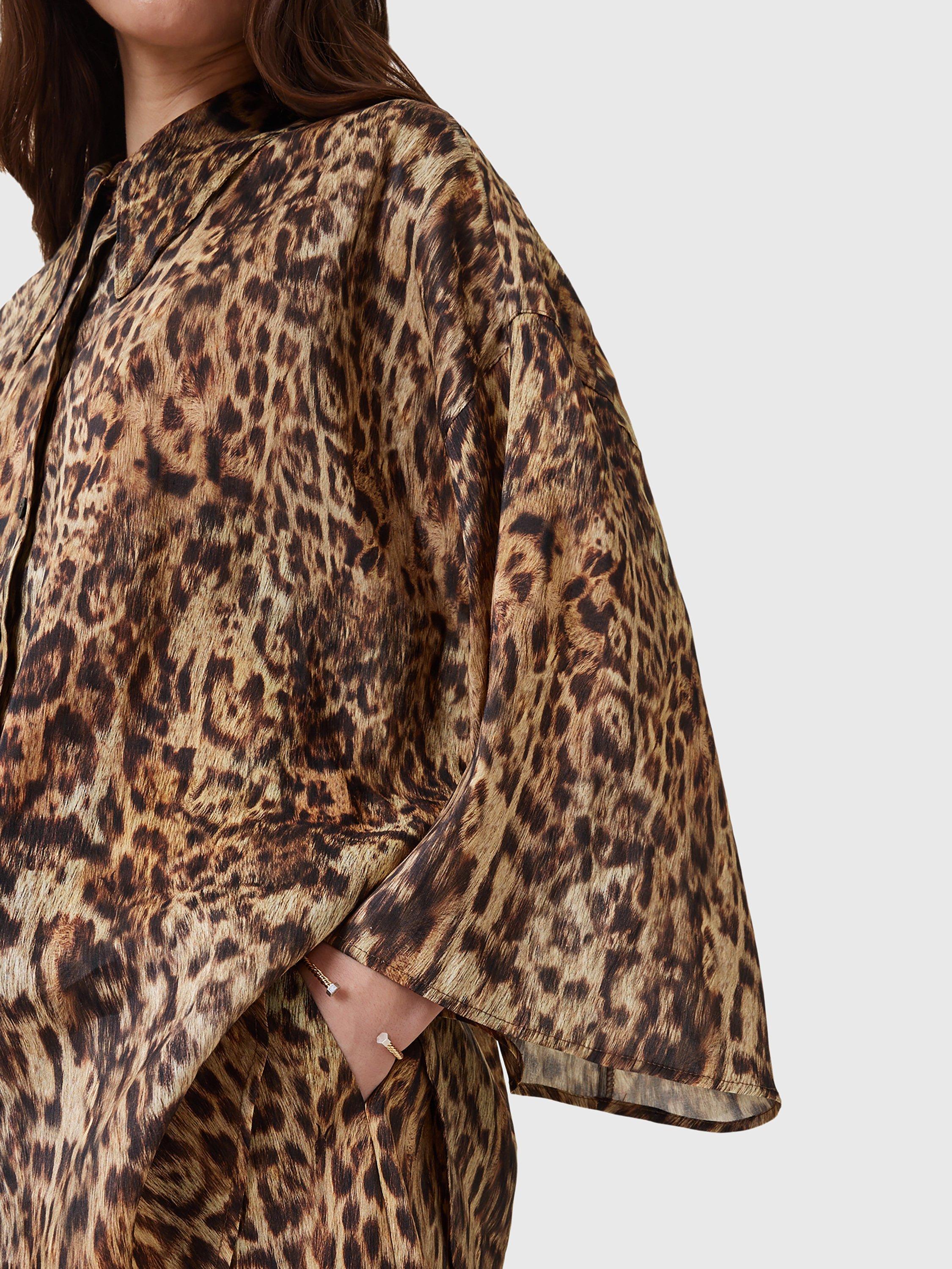 Product image 7 of 9, which shows AllSaints Charli Animal Print Shirt, Brown, 6
