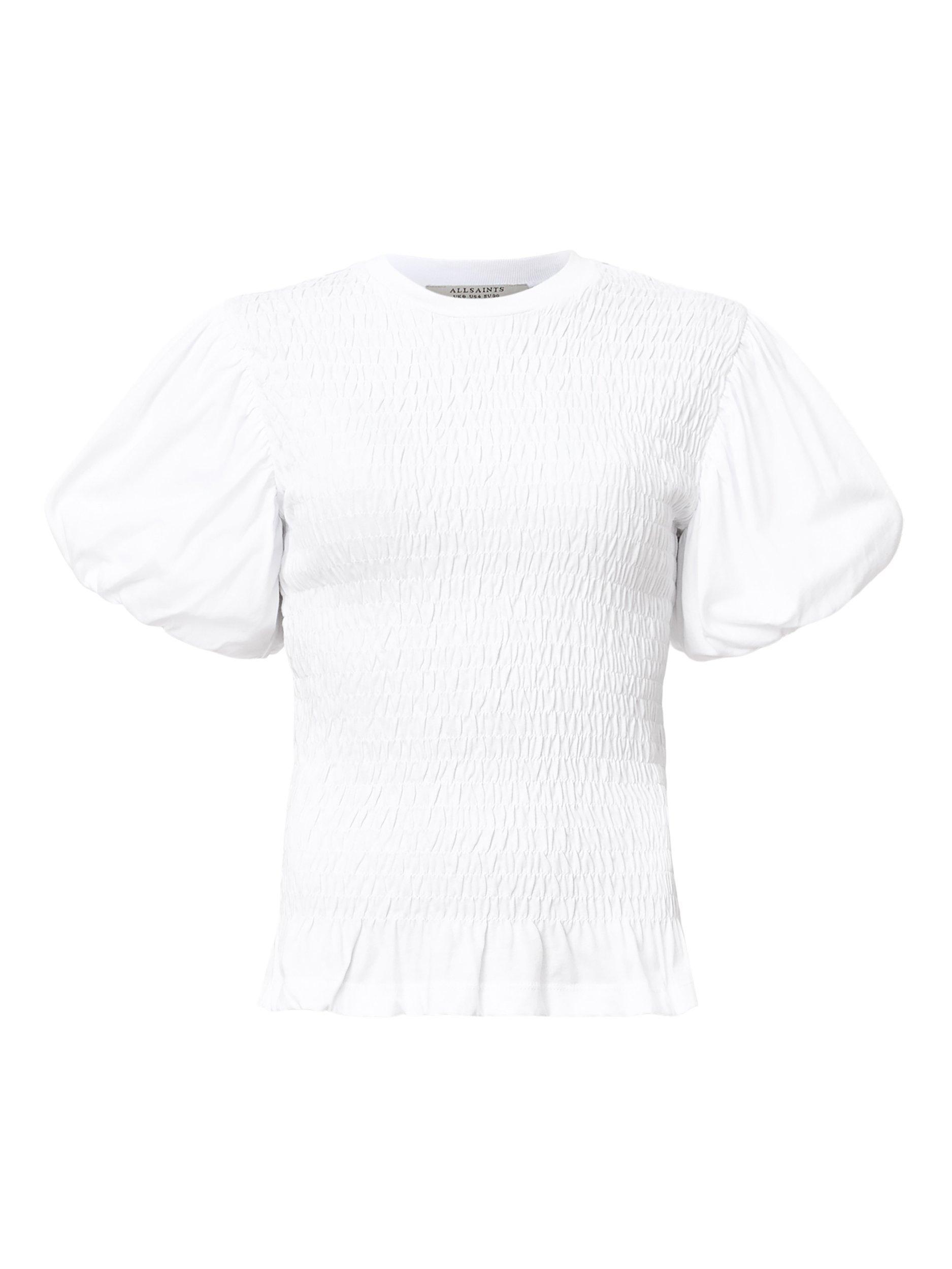 Product image 4 of 7, which shows AllSaints Dael Shirred Bodice Top, White Multi White, L