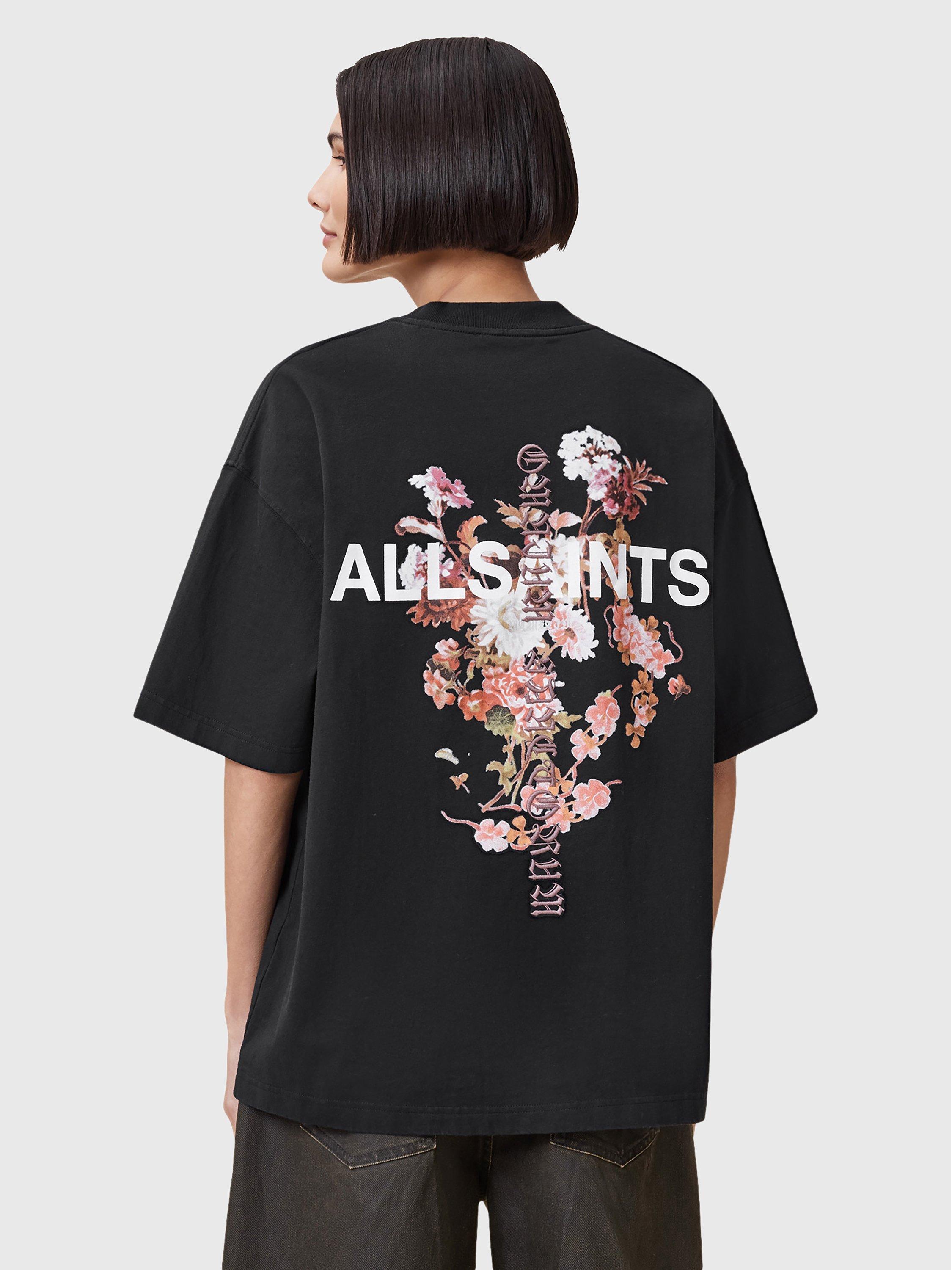 Product image 2 of 8, which shows AllSaints Eternal Etta Floral Organic Cotton Graphic T-Shirt, Black, XS