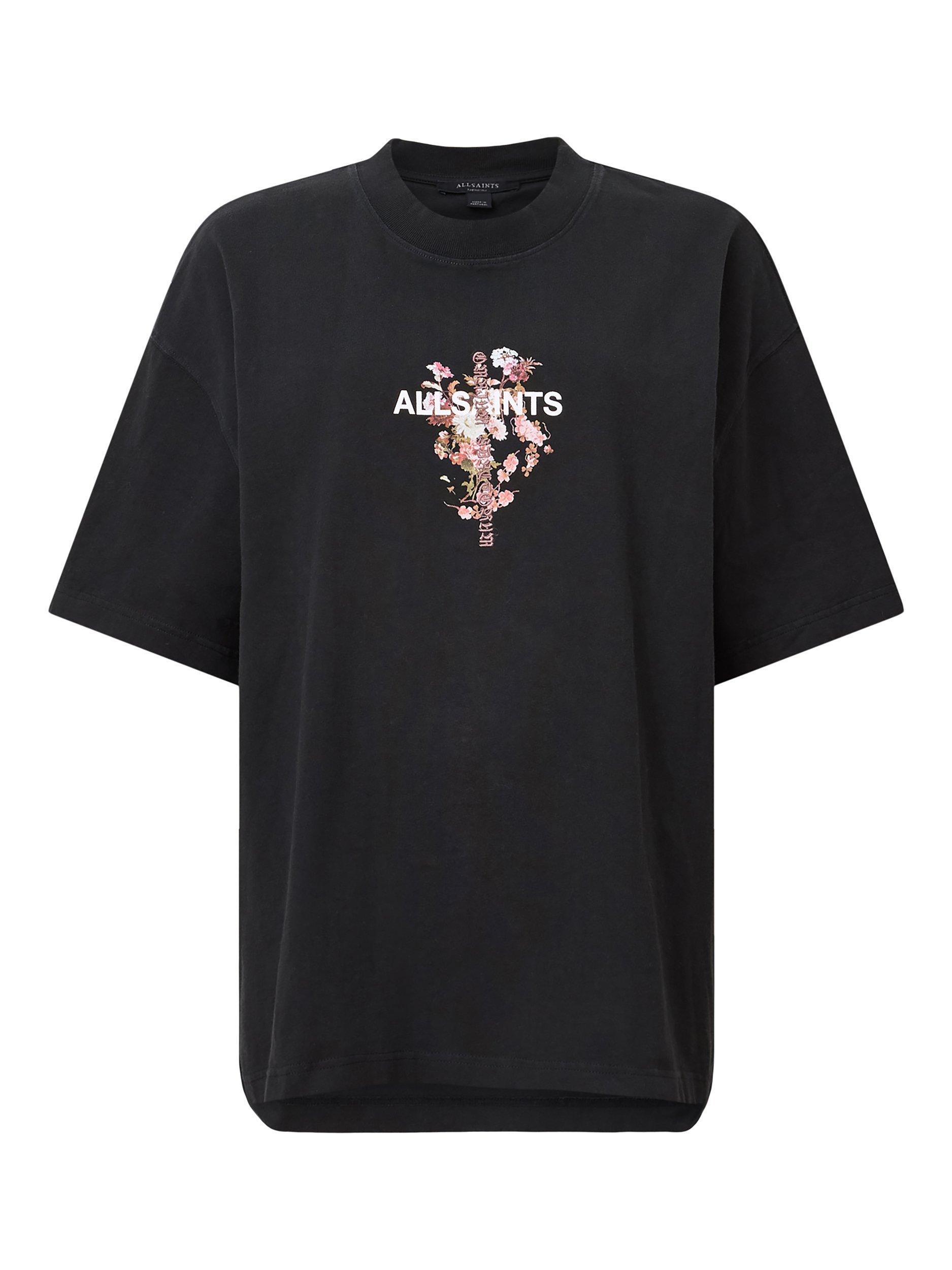 Product image 4 of 8, which shows AllSaints Eternal Etta Floral Organic Cotton Graphic T-Shirt, Black, XS