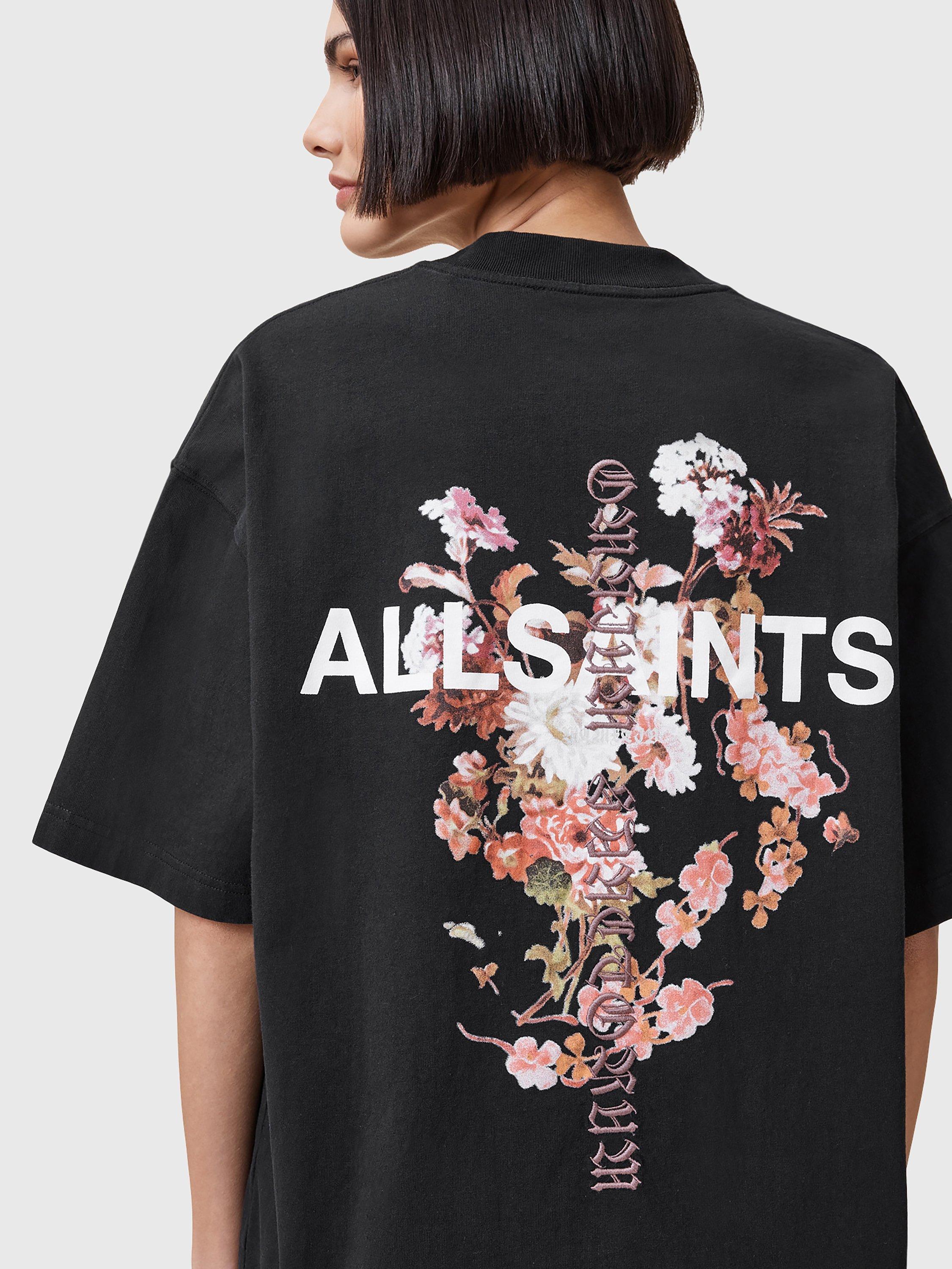 Product image 5 of 8, which shows AllSaints Eternal Etta Floral Organic Cotton Graphic T-Shirt, Black, XS