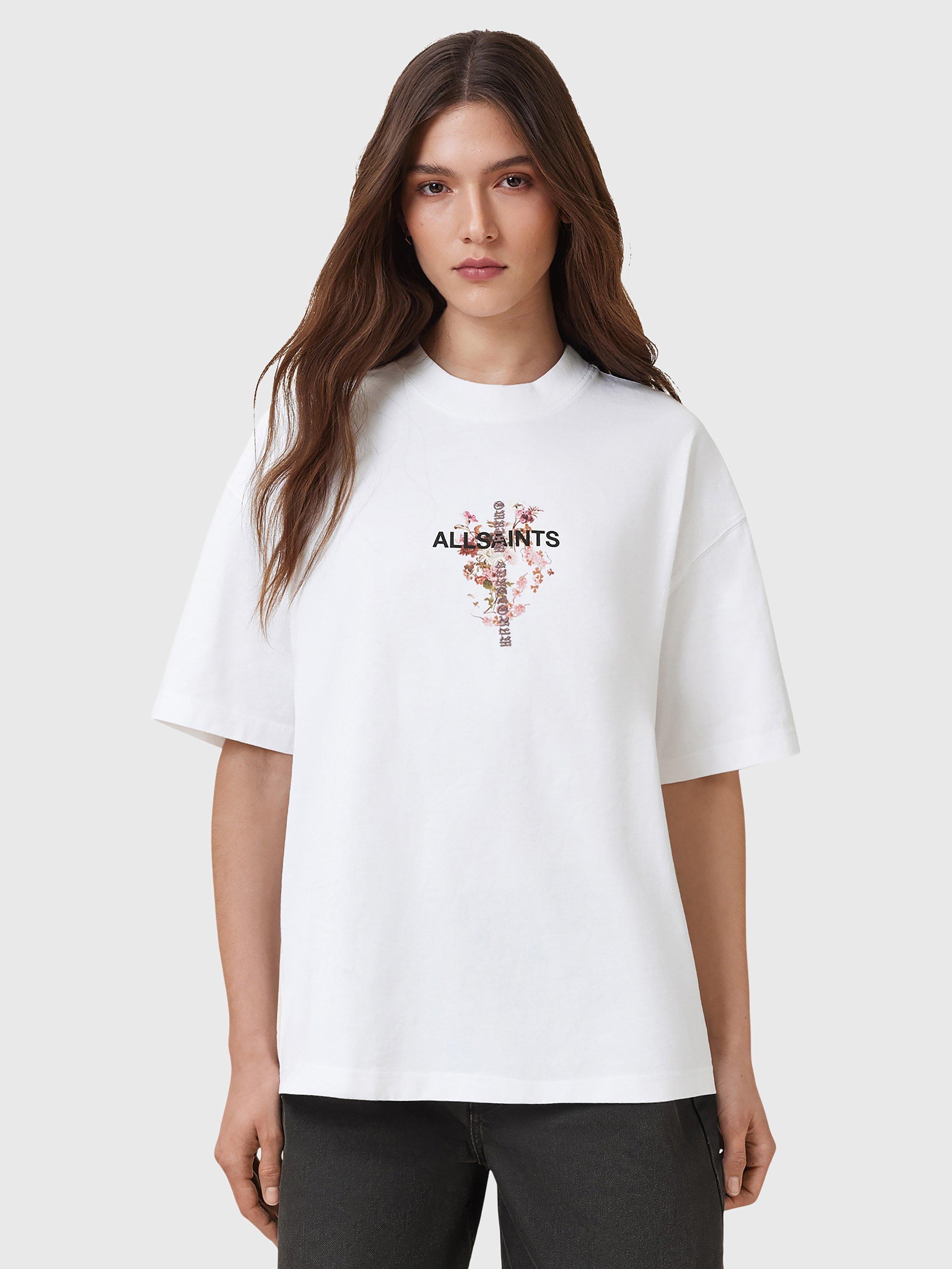 Product image 1 of 10, which shows AllSaints Eternal Etta Floral Organic Cotton Graphic T-Shirt, White, XS