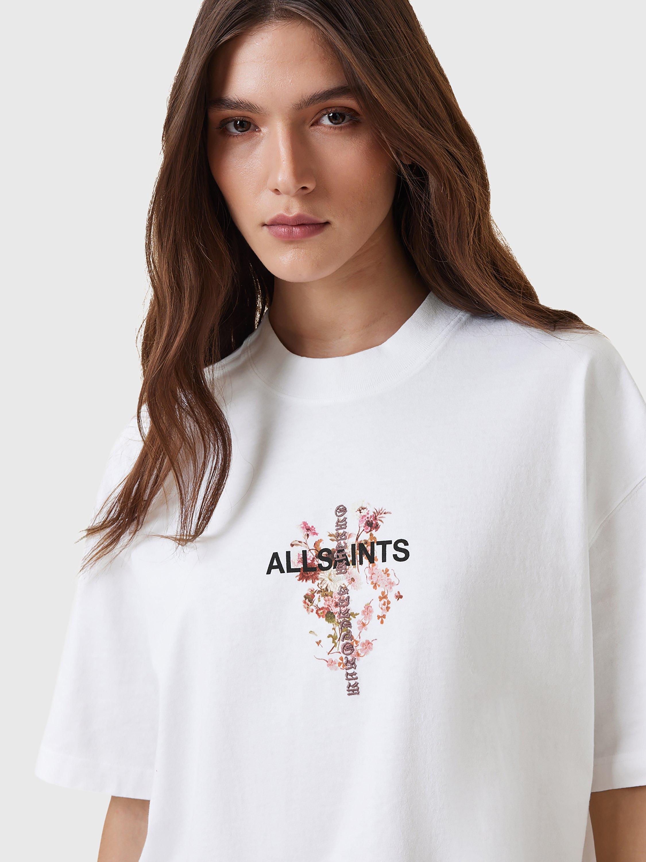 Product image 7 of 10, which shows AllSaints Eternal Etta Floral Organic Cotton Graphic T-Shirt, White, XS