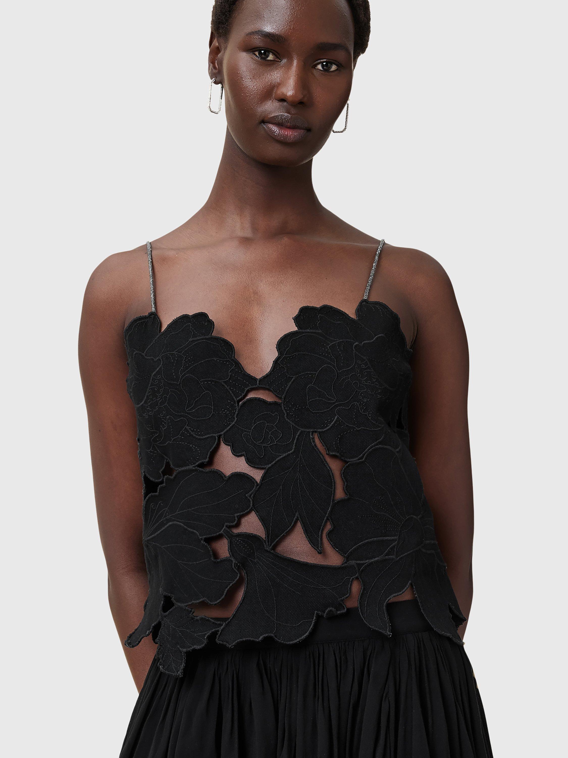 Product image 5 of 9, which shows AllSaints Floral Cut Out Pure Organic Cotton Top, Black, M