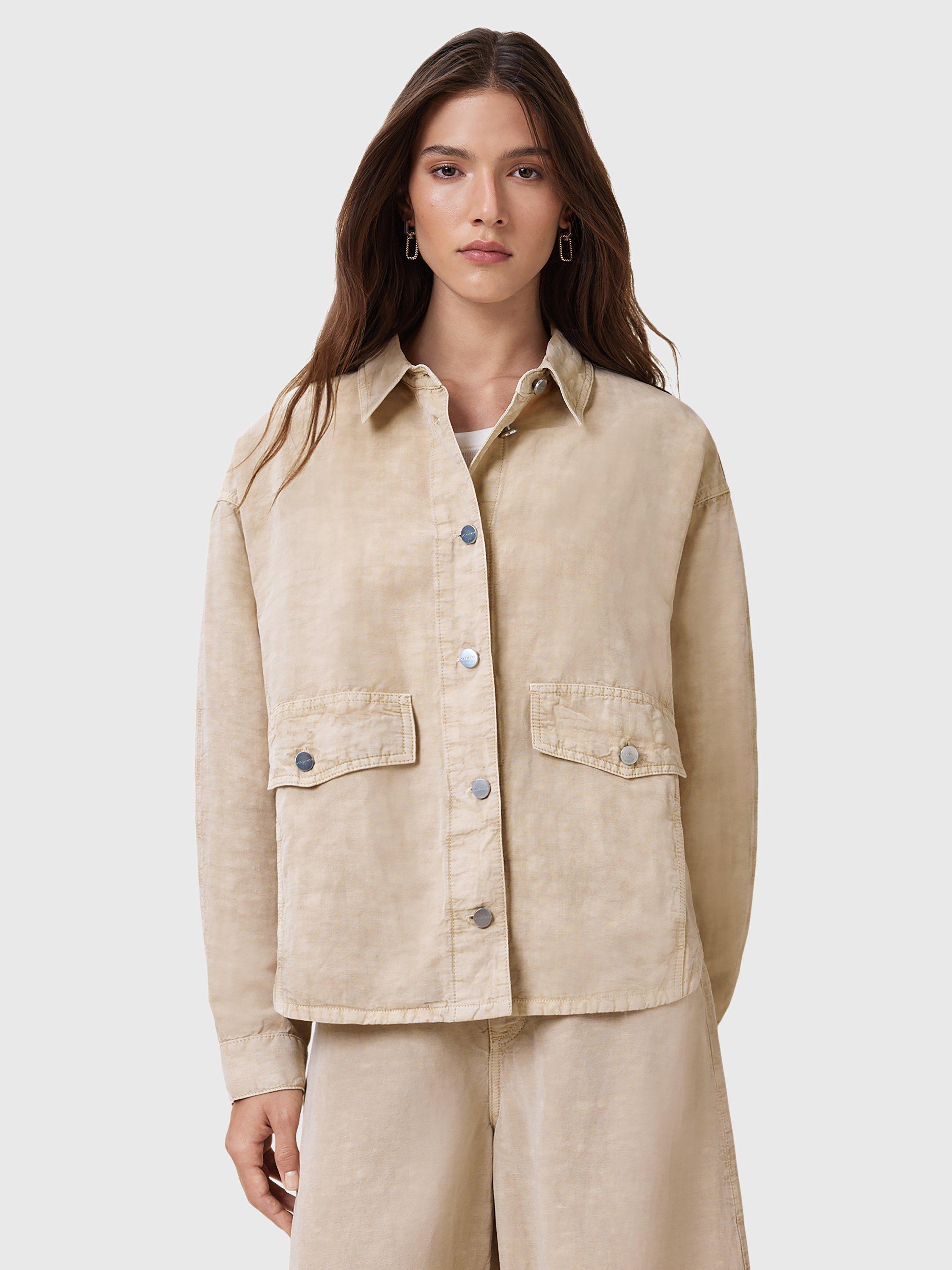 Product image 1 of 9, which shows AllSaints Hettie Linen Blend Shacket, Sand Brown, L