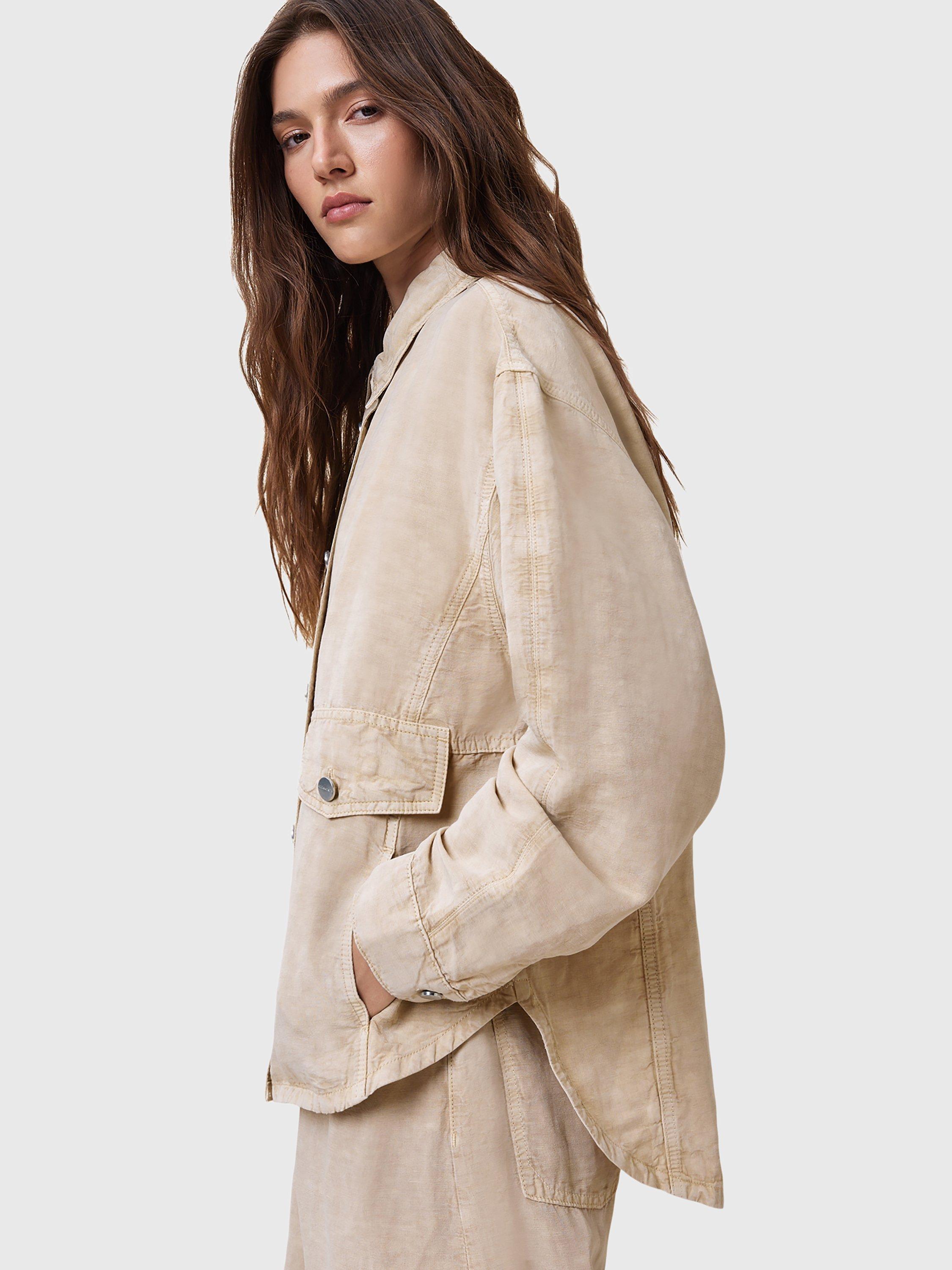 Product image 6 of 9, which shows AllSaints Hettie Linen Blend Shacket, Sand Brown, L